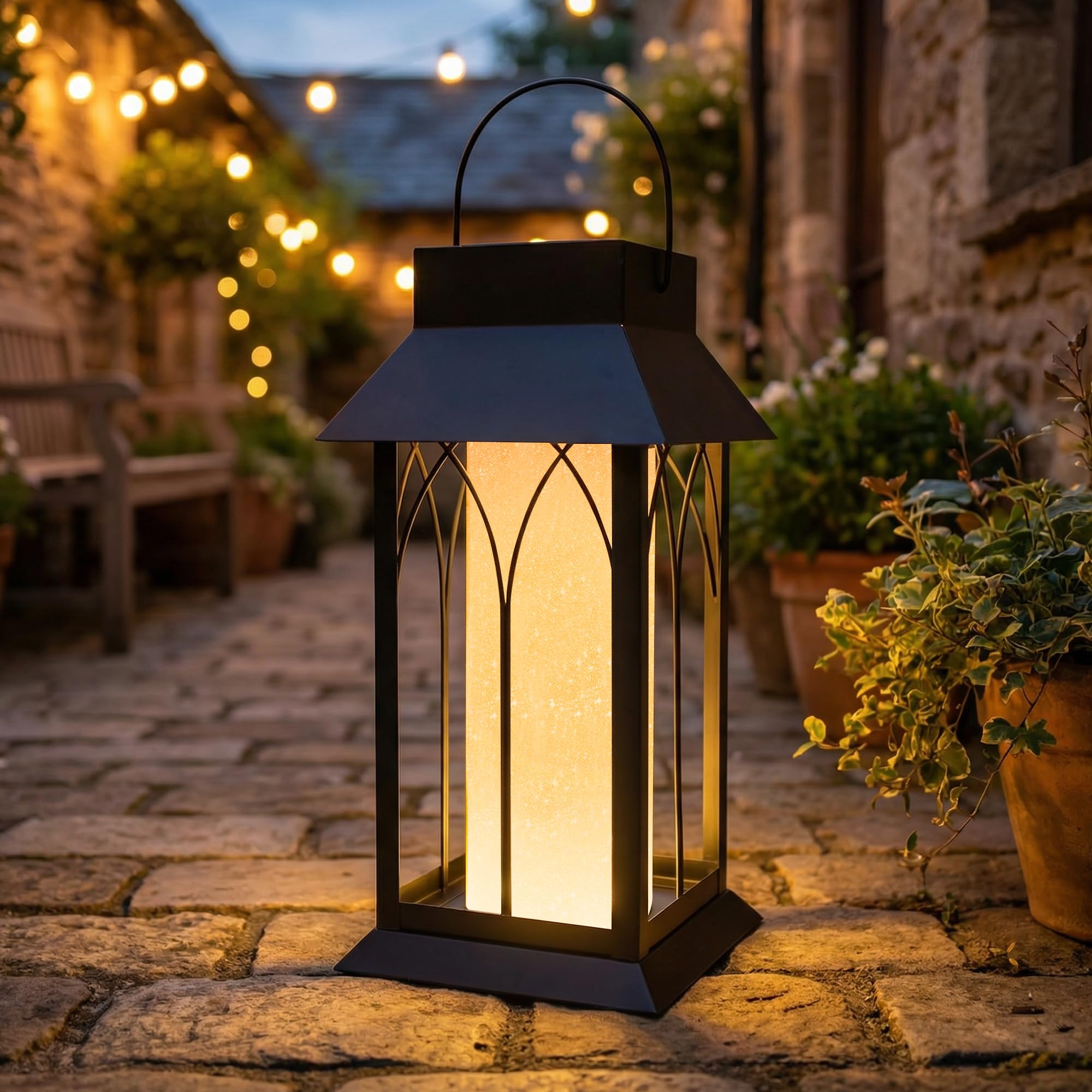 pearlstar Lampade solari da appendere o da terra, lanterne solari per esterni, resistenti alle intemperie, in metallo, decorazione da giardino, balcone, terrazza, campeggio
