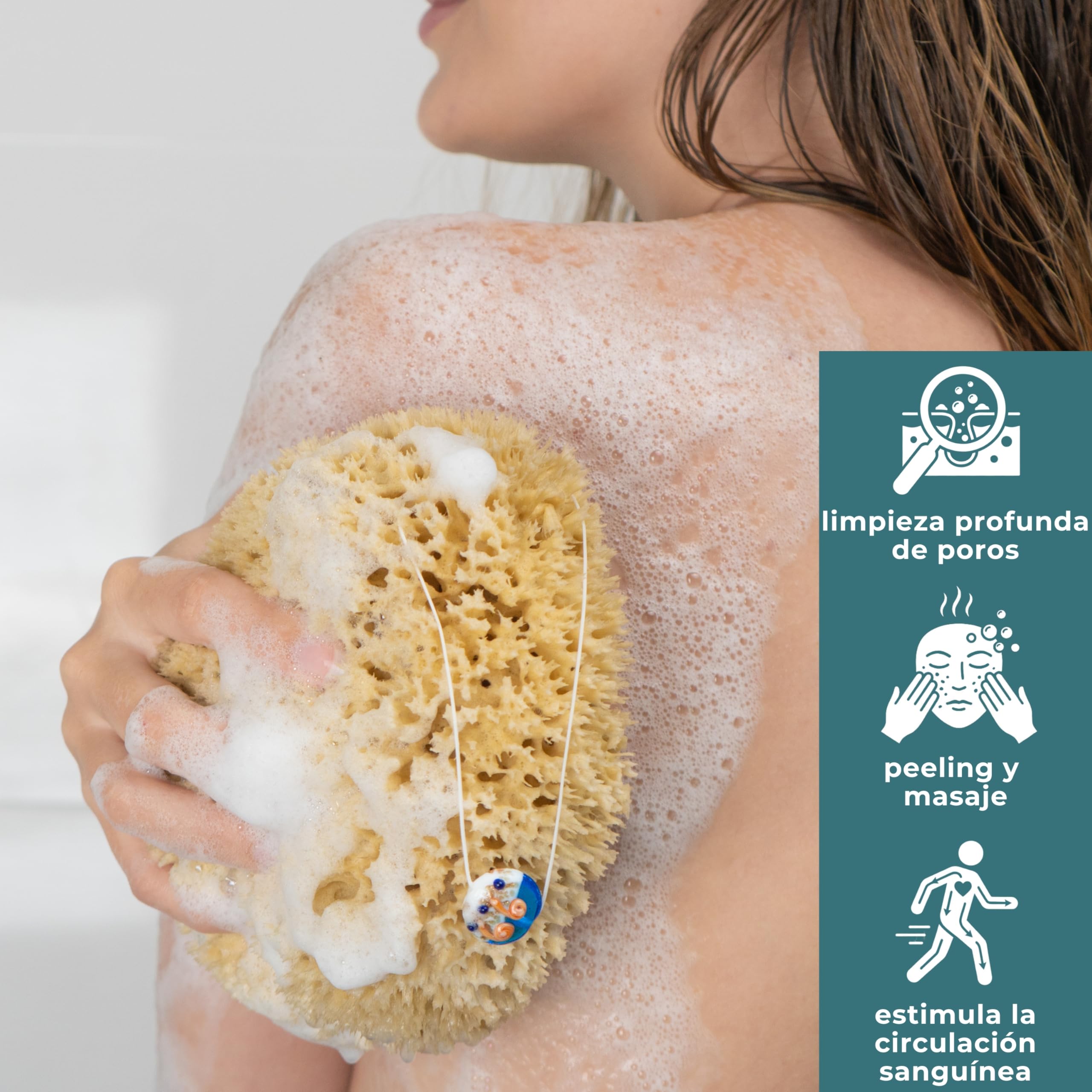 tom&pat® Esponja natural • con cordón y colgante cristal • esponja baño y ducha • efecto peeling • sin blanquear • Dermatest excelente • calidad mediterránea Grecia (13-14 cm)
