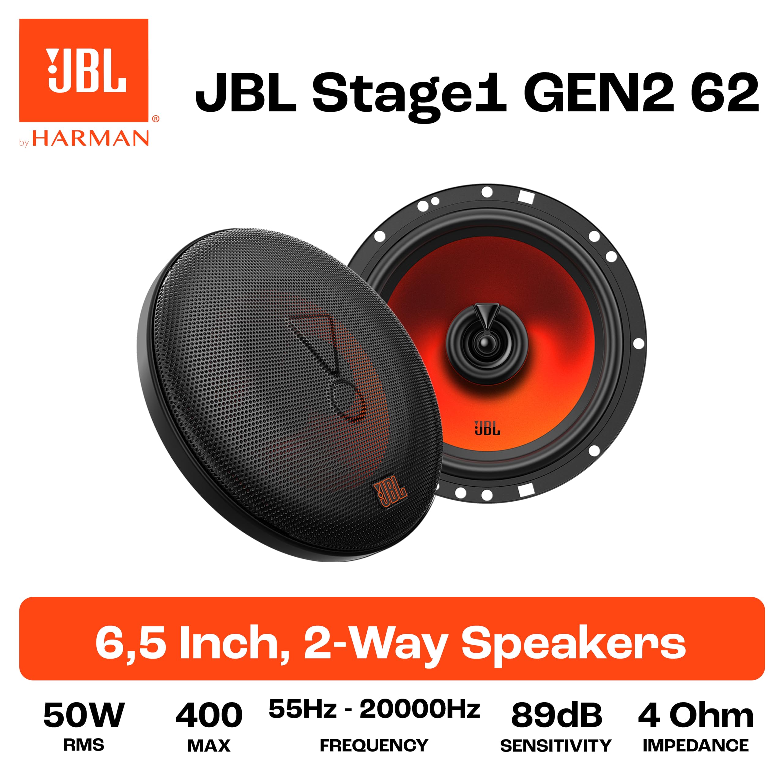 JBL Stage1 GEN2 62 – 6,5 cala (165 mm) 2-Way Coaxial Car Speakers – 50 W RMS – 220 W Peak – OEM Fit – z grilles – Car Audio Upgrade – High Sensitivity – Easy Install – Zestaw 2 audio