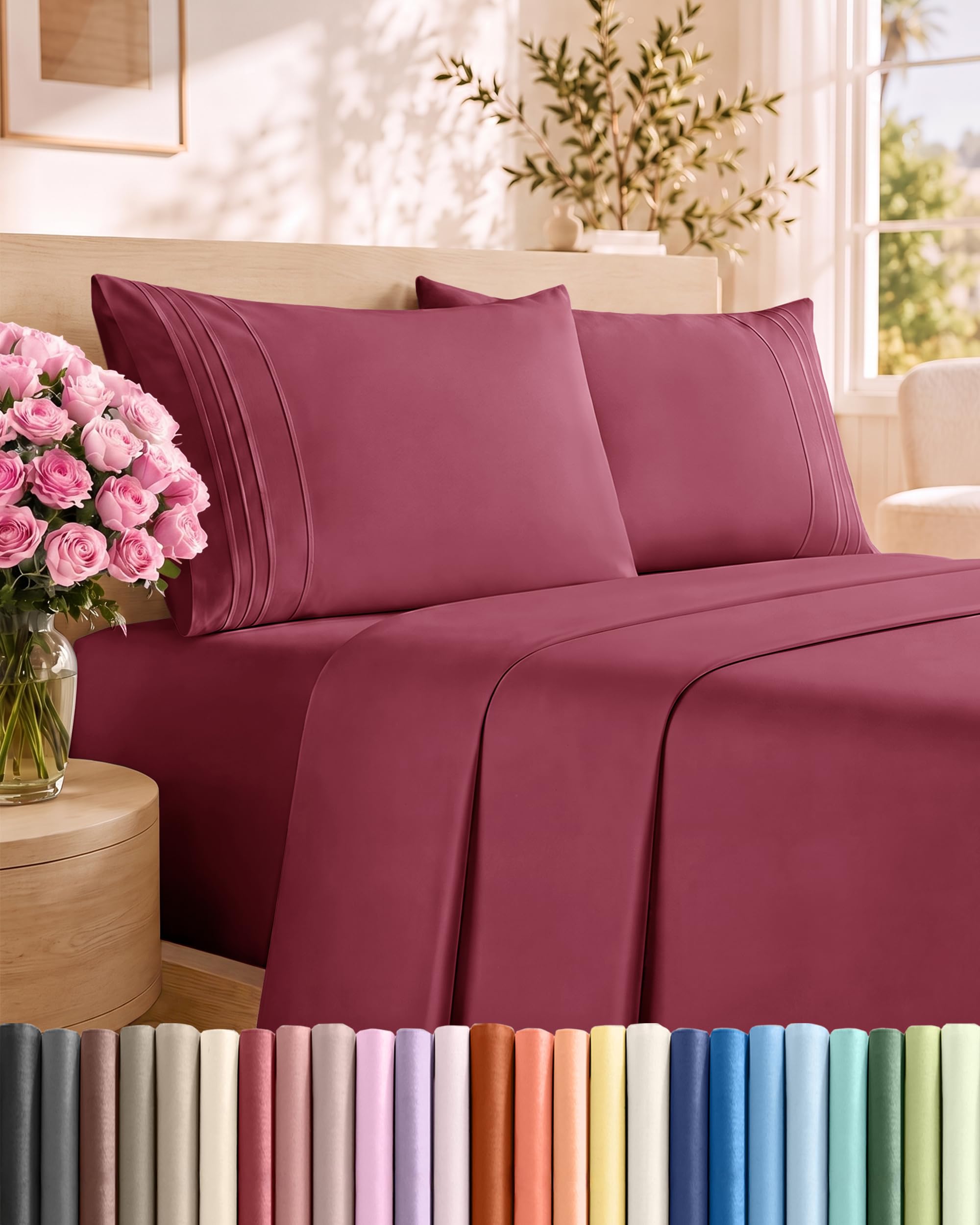 Cal King Size 4 Piece Sheet Set - Breathable &amp; Cooling Sheets - Burgundy