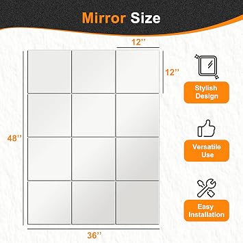 Delma Home Gym Mirrors, 12'' x 12'' Glass Mirror Tiles, 12 PCS | Square Large Wall Mirror, For Home Gym, Bedroom, Door, Bathroom, Frameless Mirror Sets