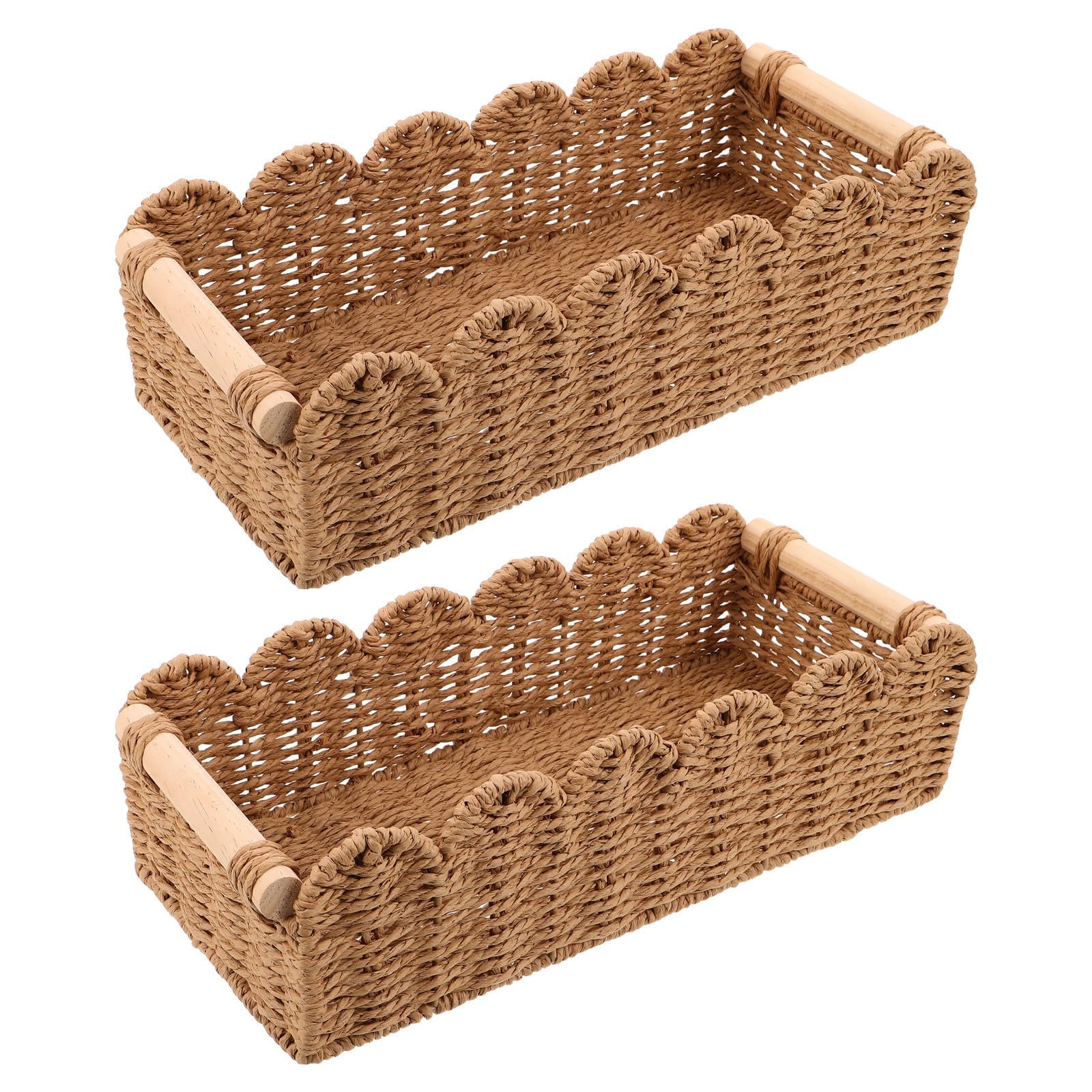 PACKOVE 2 Piezas Cesta de Almacenaje Tejida a Mano para Papel Higiénico, con Mango de Madera, Borde Festoneado, Marrón, Fibra de Papel y Madera, Transpirable, para Estante de Dormitorio