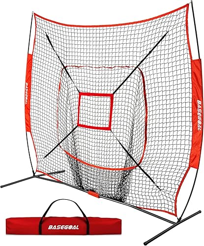 BaseGoal 7'×7' Baseball Softball Practice Net,Baseball Backstop,for Hitting Pitching Batting Catching with Bow Frame,Bonus Strike Zone