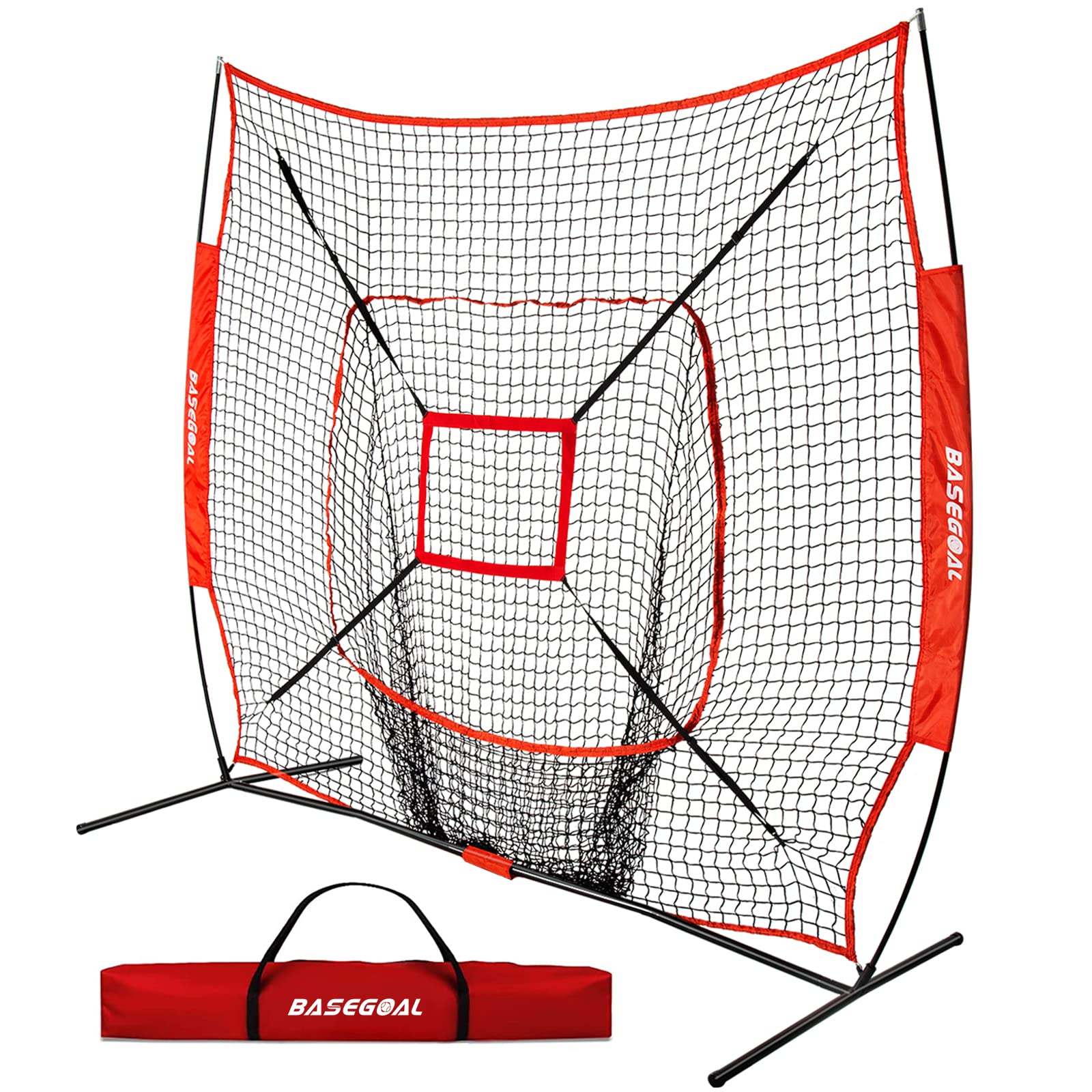 Photo 1 of BaseGoal 7'×7' Baseball Softball Practice Net,Baseball Backstop,with Batting Tee,for Hitting Pitching Batting Catching with Bow Frame,Bonus Strike Zone 7*7 Red net
