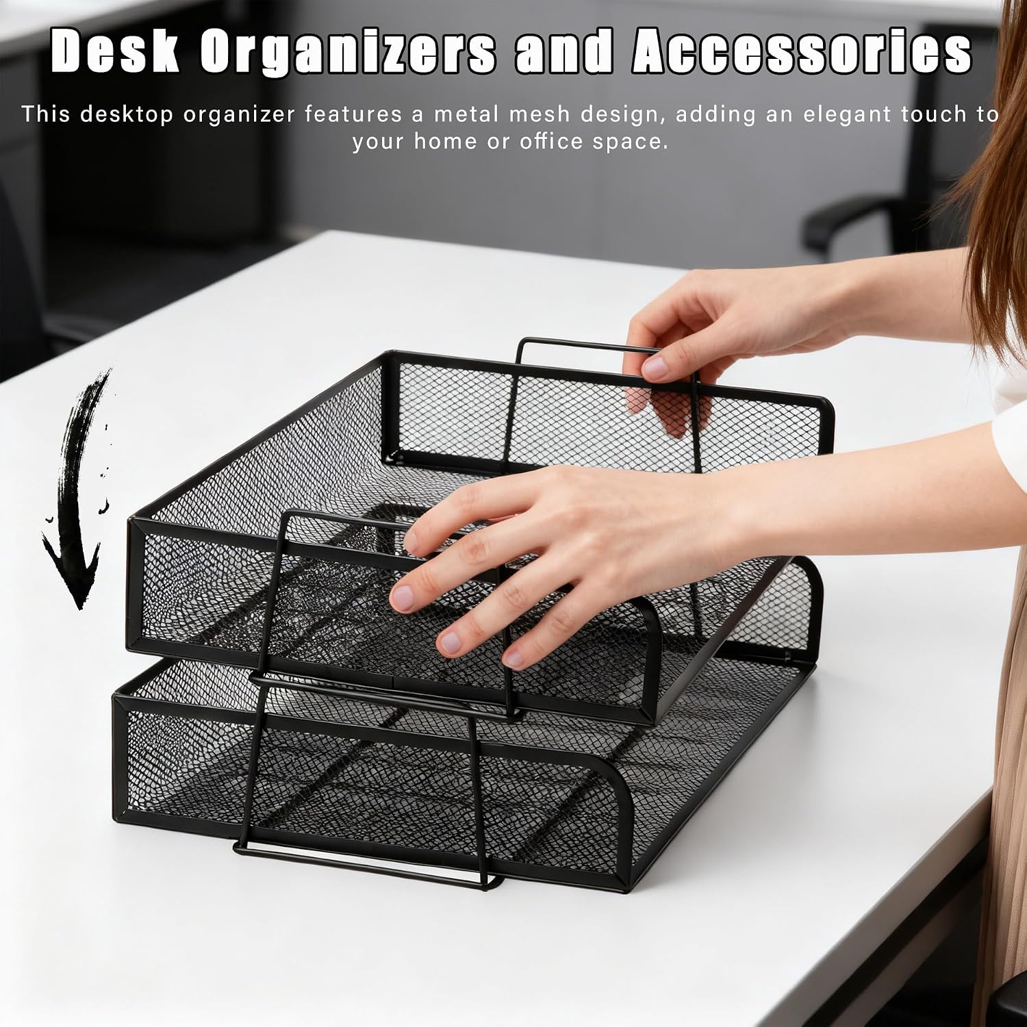 Inbox Tray for Desk, Desk Paper Organizer, Metal Mesh Stackable Paper Tray Suitable for Use at Home, Work, Office, and Study. (White (Two Layers))