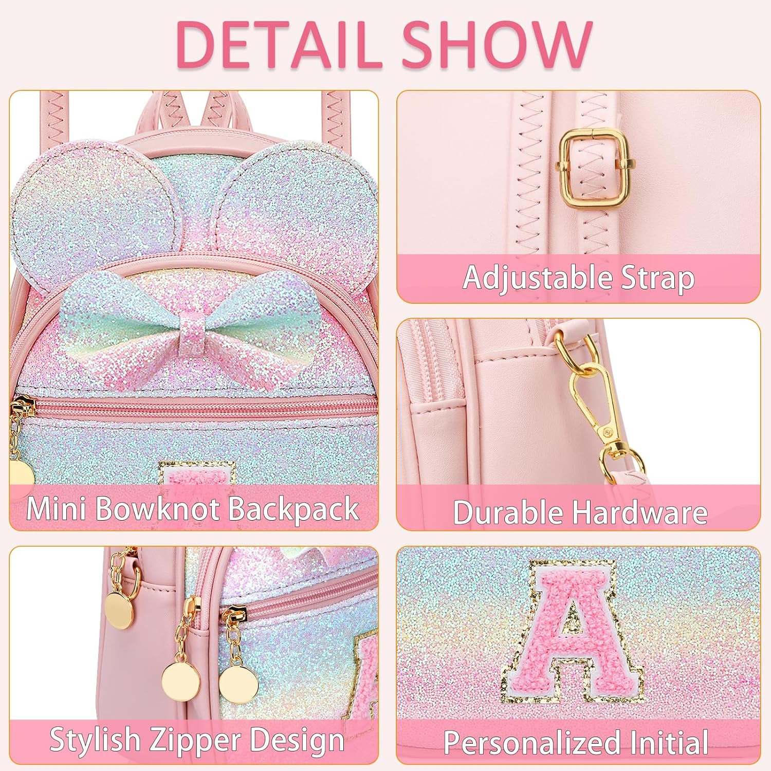 KKXIU Initial Bowknot Mini Backpacks for Girls Women, Small Cute Backpack Purse, Personalized Birthday Gifts for Toddler, Kids and Teen Girls(A, Rainbow) - Image 4