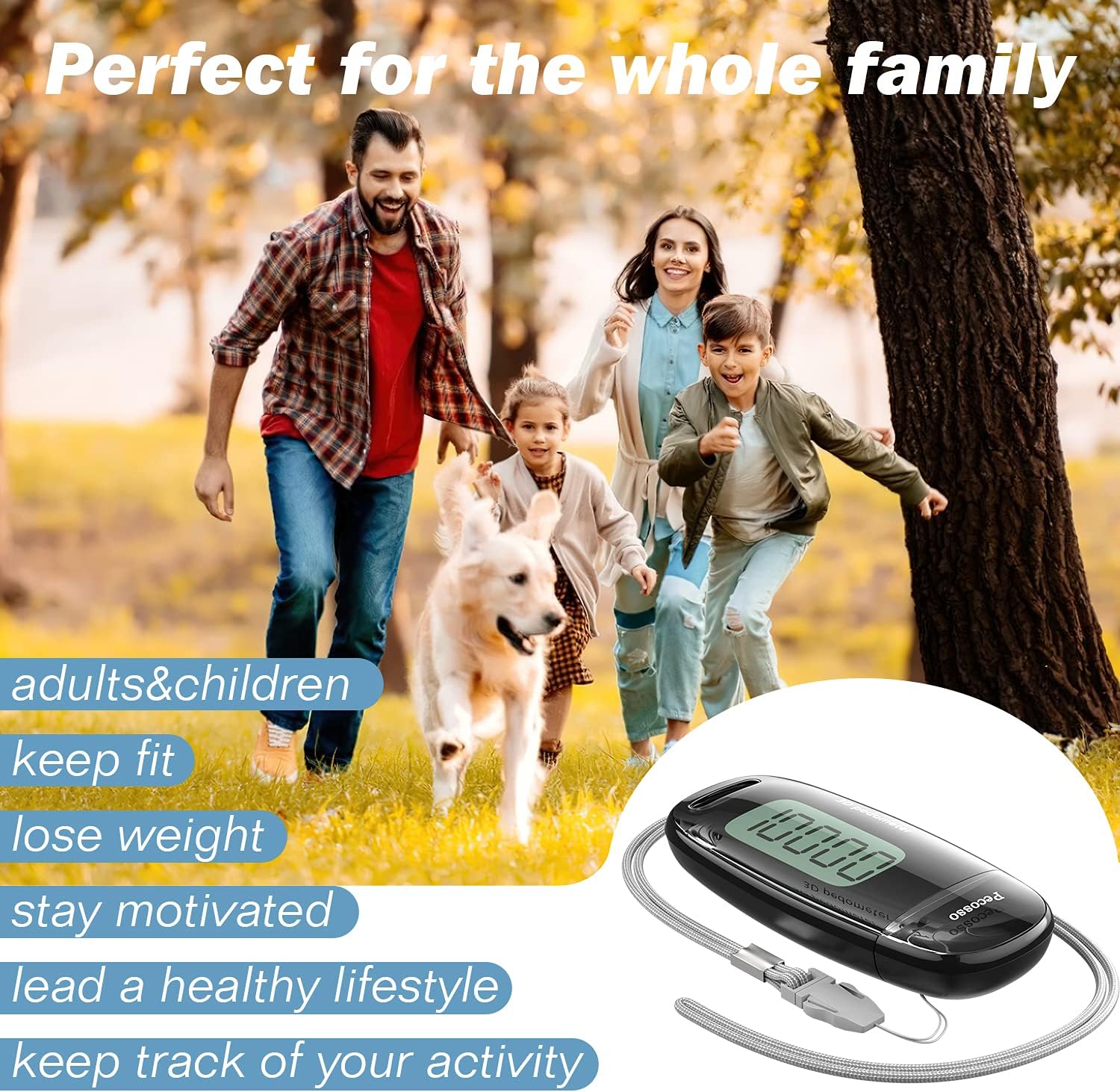 Pecosso USB Charge Step Counter Walking 3D Pedometer with Large Luminous LCD Screen,Clip and Lanyard for Whole Family (Black) : Sports & Outdoors