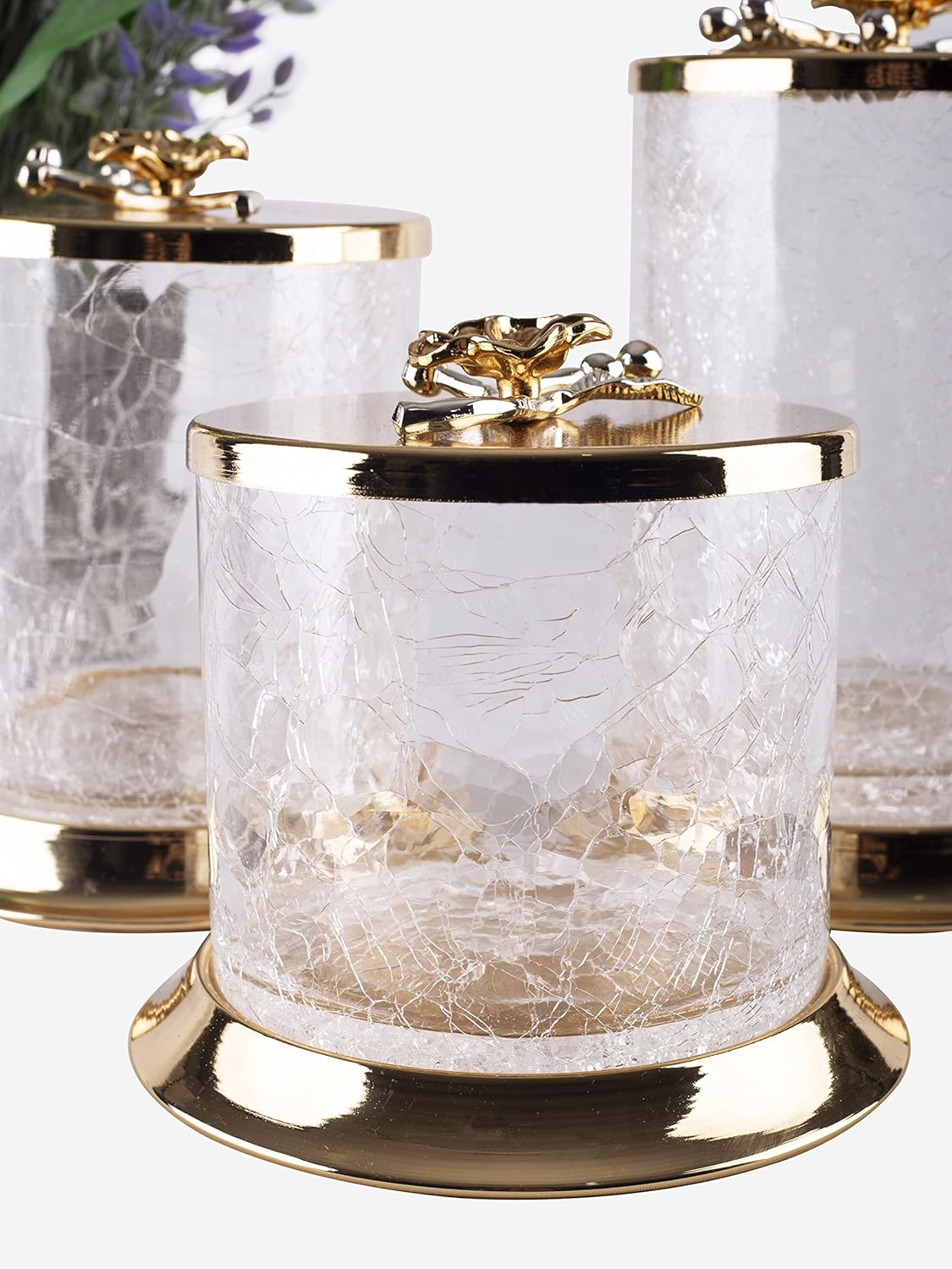 Cracked Glass Food Storage Jar Set Gold Colour Flower Details Cookie Jar