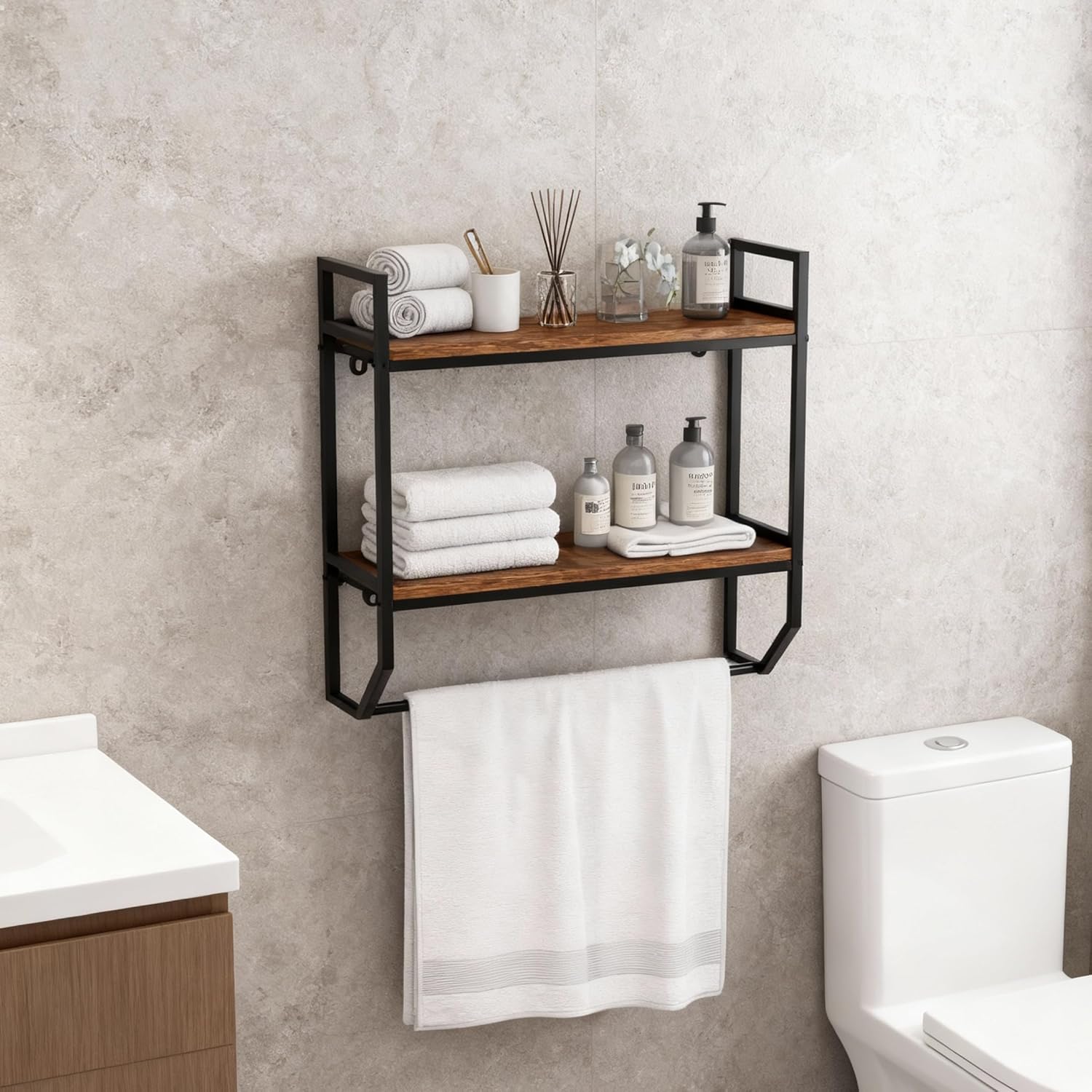 POWERSTONE 2-Tier Bathroom Towel Rack Industrial Wall Mounted Shelf with Towel Bar, Over The Toilet Storage Shelf with Metal Frame for Bathroom Kitchen Laundry Room Rustic Brown