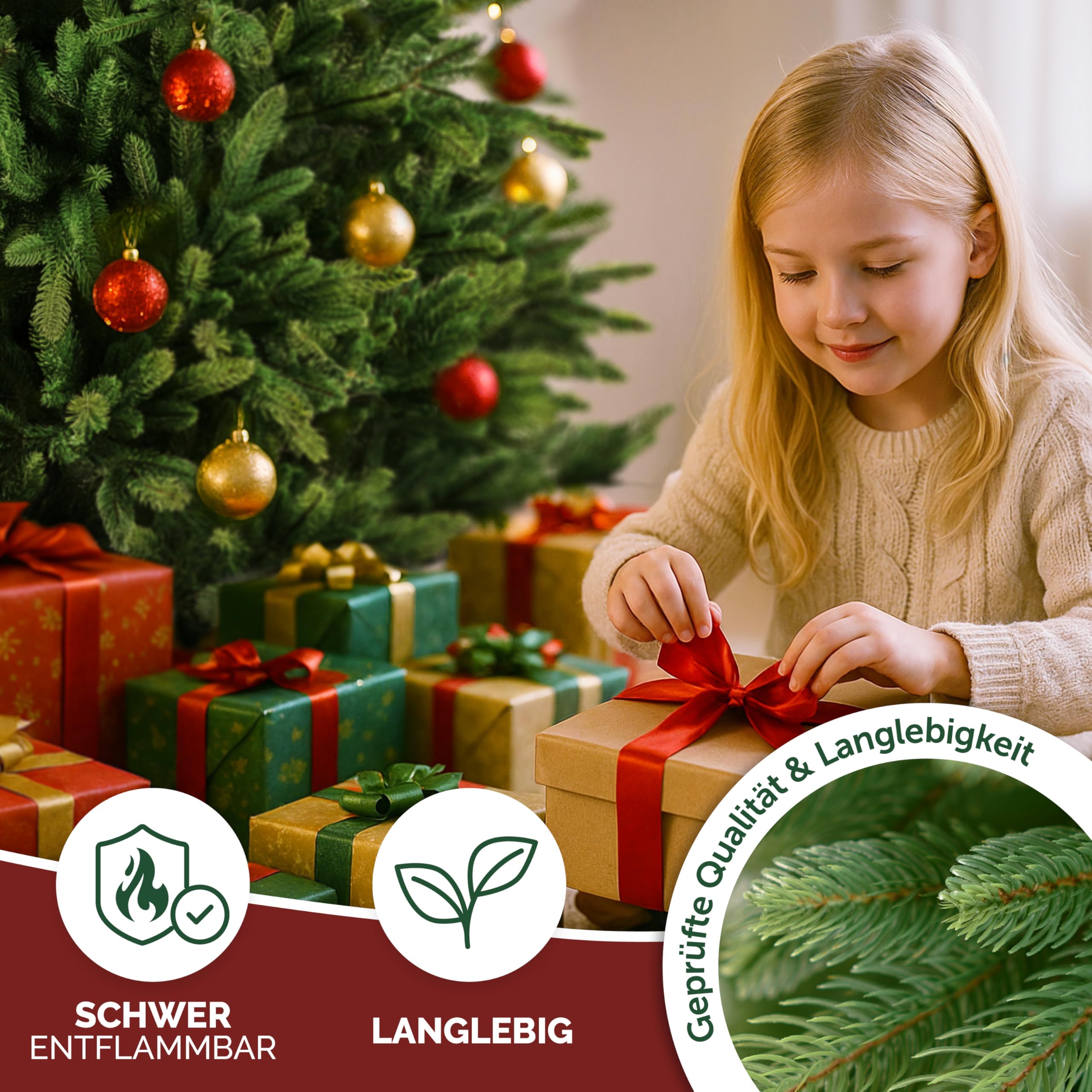 MerryTree Luxus künstlicher Weihnachtsbaum 180 cm - großer Weihnachtsbaum Spritzguss - naturgetreue PE-Nadeln + Holzfuß massiv - schwer entflammbar - Tannenbaum künstlich - Nordmanntanne