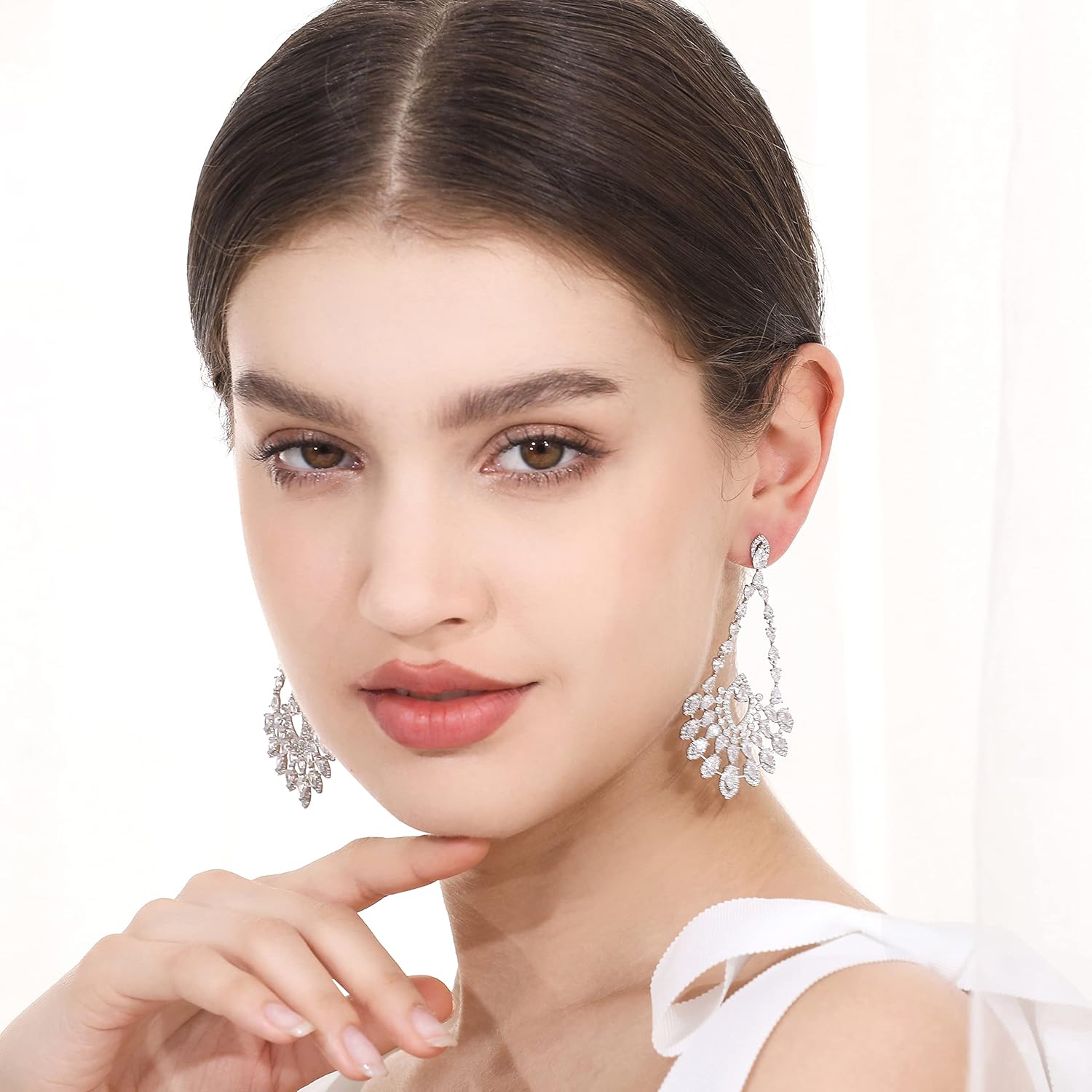 Wedding Earrings for Brides, Silver Earrings for Women, 18K White Gold Plated Sterling Silver Post Cubic Zirconia Dangle Earrings, Clear Crystal Hypoallergenic Chandelier/Tassel Earrings - Image 9