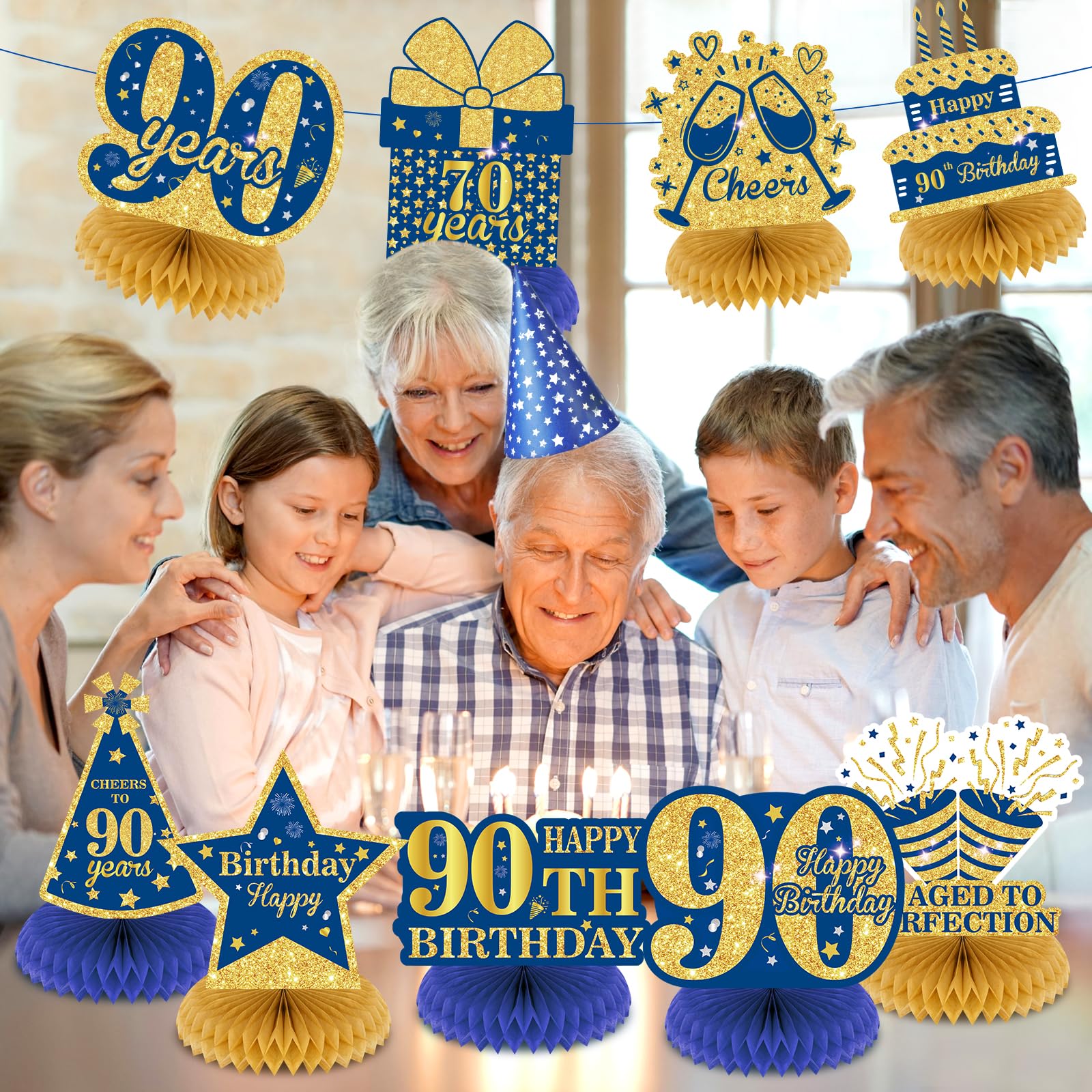 9 piezas de centro de mesa para decoración de cumpleaños 90 azul y dorado, decoraciones de feliz 90 cumpleaños para hombres y mujeres, suministros de fiesta de aniversario, suministros de animación a