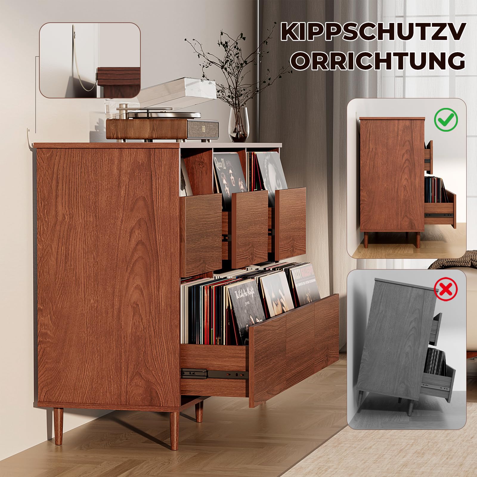 BROTTAR Großer Plattenspieler-Ständer 120 cm, Schallplattenaufbewahrung für 17/25/30 cm Platten, Mid-Century Medienschrank mit Schubladen, Schallplattenhalter für Wohnzimmer & Musikecke, Braun