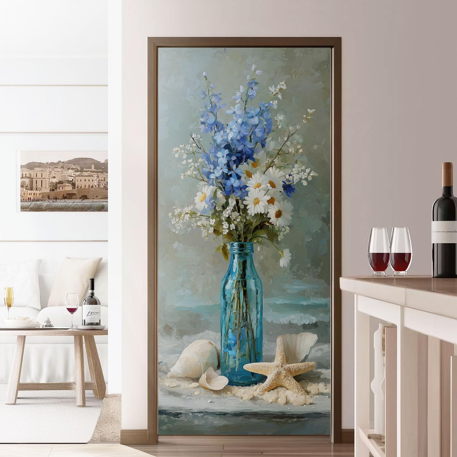 Adesivo per porta in stile dipinto a olio, 77 x 200 cm, stella marina, conchiglie, bouquet di fiori, in PVC, autoadesivo, carta da parati fotografica, grigio, impermeabile, rimovibile, per bagno