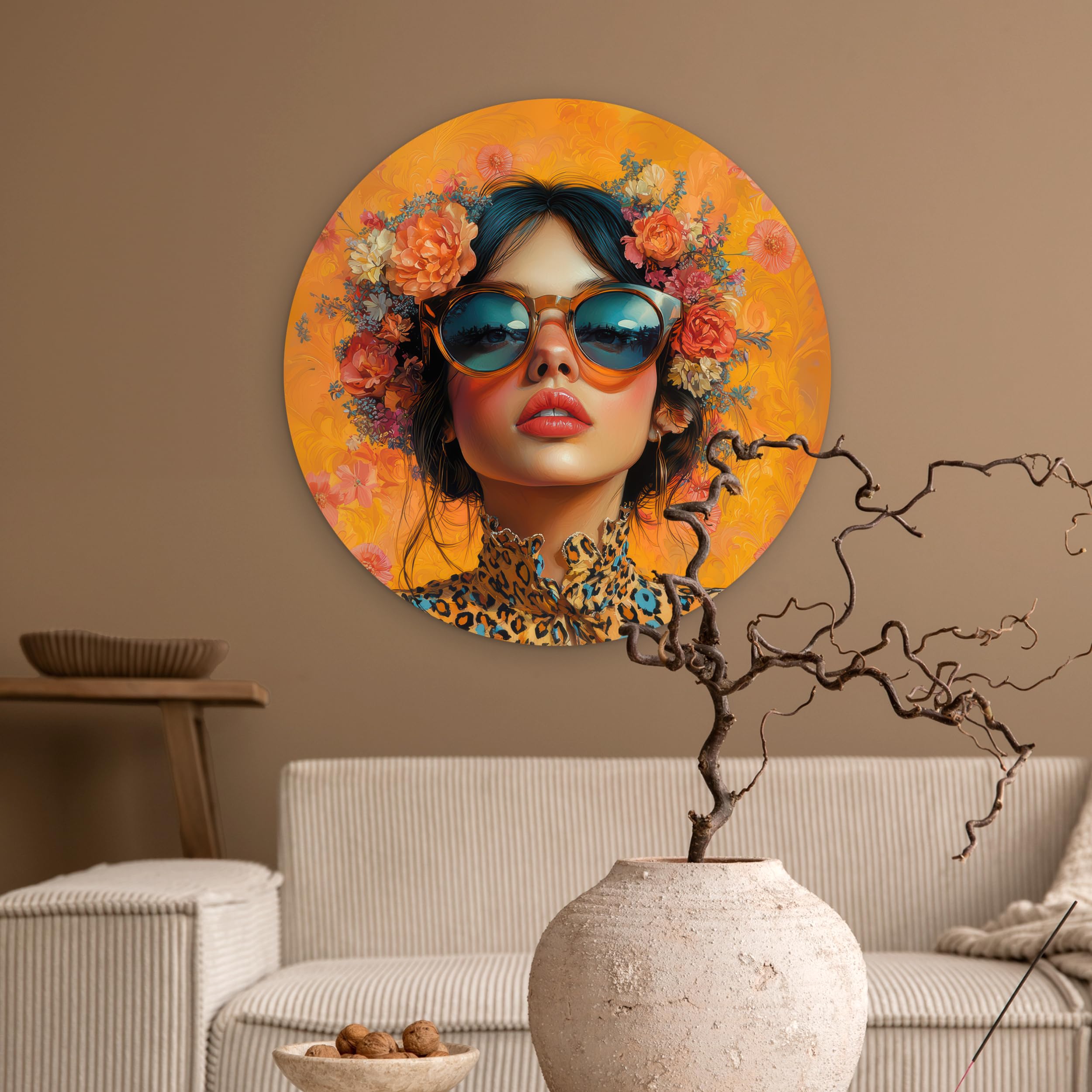 MuchoWow© Wandkreis Ø60 cm Home Decor Modern Dekoration Deko Wandbilder Wanddekoration Zimmerdeko Wohnung Wall XXL Wohnzimmer Schlafzimmer Frau - Blumen - Ästhetik - Orange