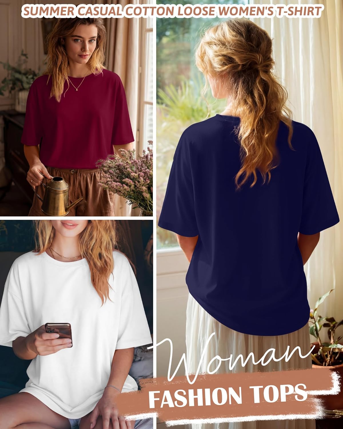 4 Pack Women's Oversized T Shirts 90% Cotton Crewneck Workout Short Sleeve Tops Baggy Loose Summer Basic Tee