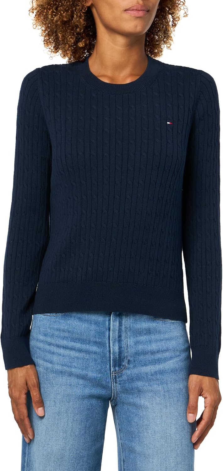 Tommy Hilfiger Women's Cable Knit Crew Neck Sweater Lightweight Pullover