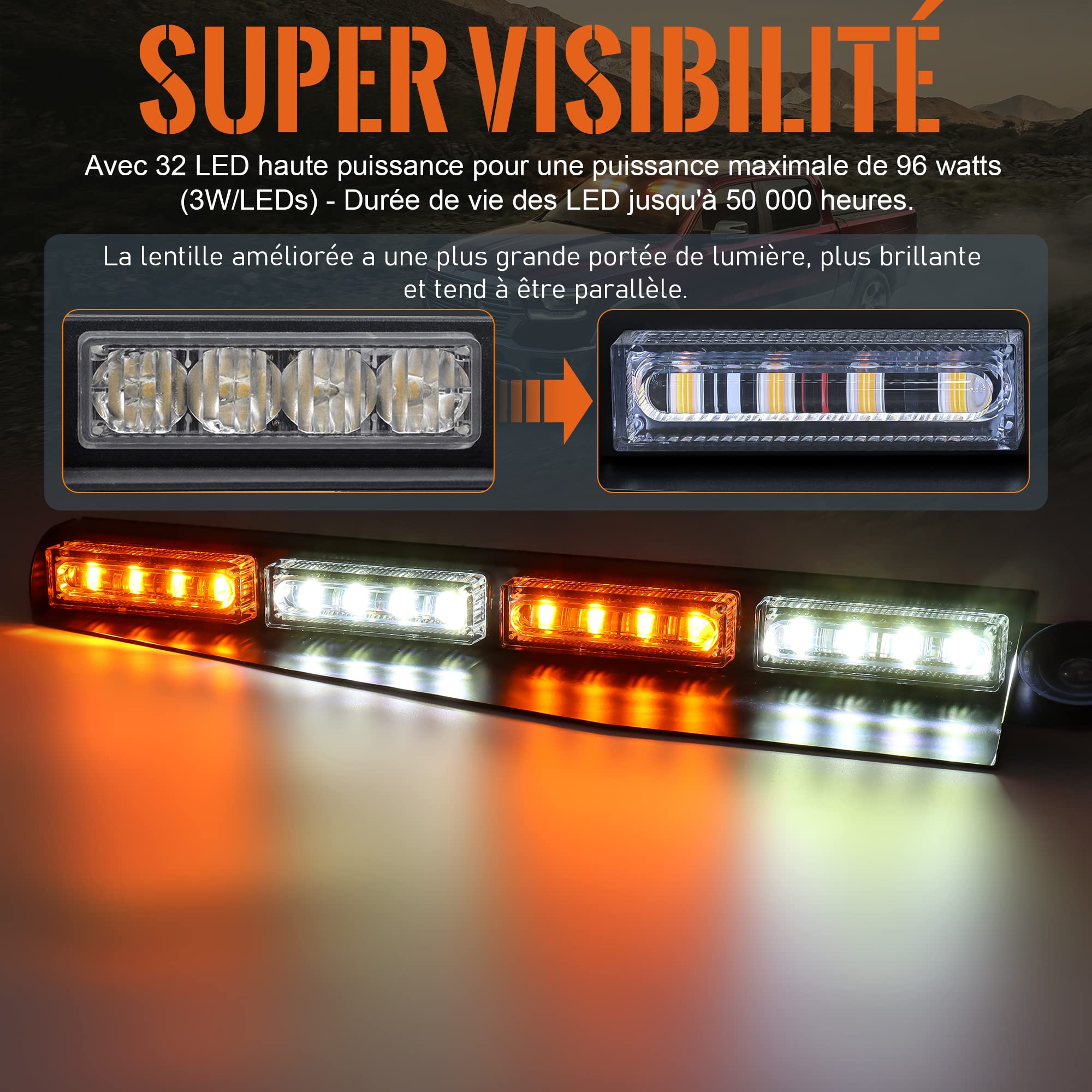 Dinfu 2pcs LED Gyrophare Orange Stroboscopique Lumière orange + blanc balise intérieure barre lumineuse clignotante Traffic Advisor lumière stroboscopique avec 26 modèles de flashpour Camion Véhicule