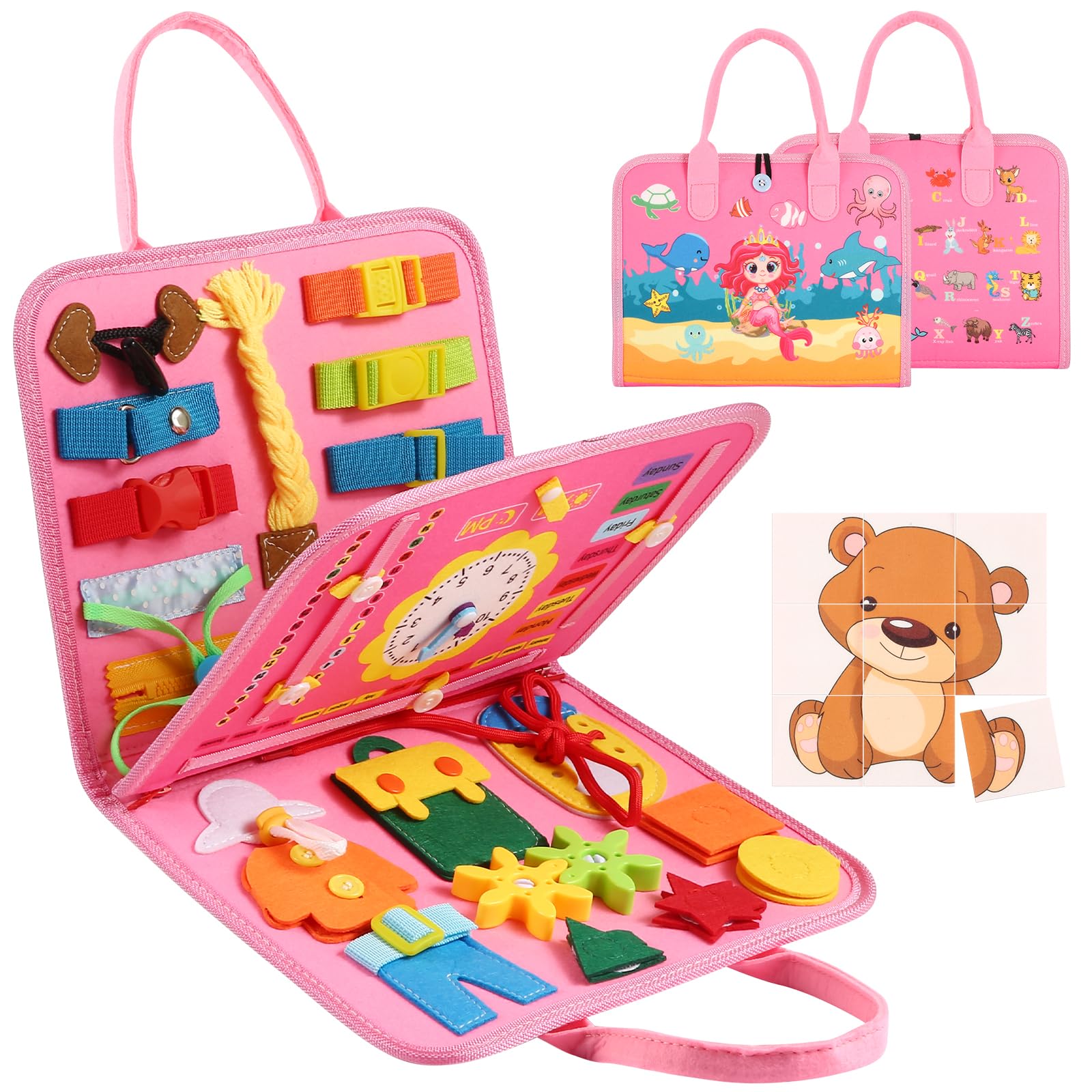 khlerox Busy Board Montessori Toy for Kids, Educational Learning Activity Sensory Board, Developing Sensory Toy for Fine Motor Skills, Travel Toy for Plane Car, Gift for Boys Girls (Pink)