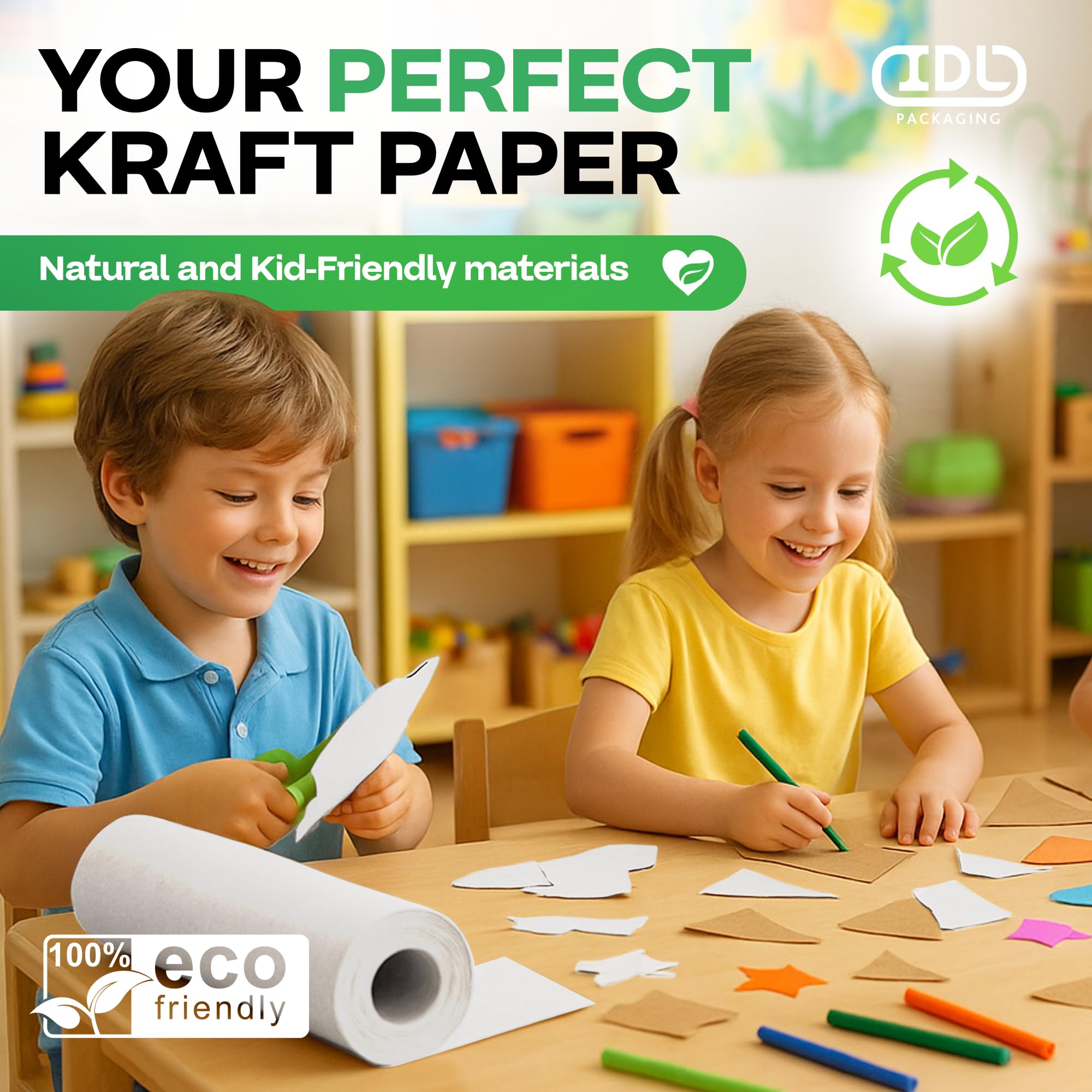 Lot de 4 rouleaux de papier kraft blanc de qualité fabriqué aux États-Unis - 22,7 kg d'épaisseur pour emballage, expédition, travaux manuels et arts - Matériau d'emballage naturel 100 % recyclable IDL
