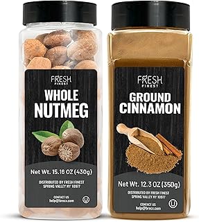 Fresh Finest Whole Nutmeg 15.16 oz & Ground Cinnamon 12.3 oz Bundle - All-Natural, Non-GMO, Gluten-Free, Kosher, Culinary & Health Benefits - Perfect for Baking, Cooking, and Dessert.