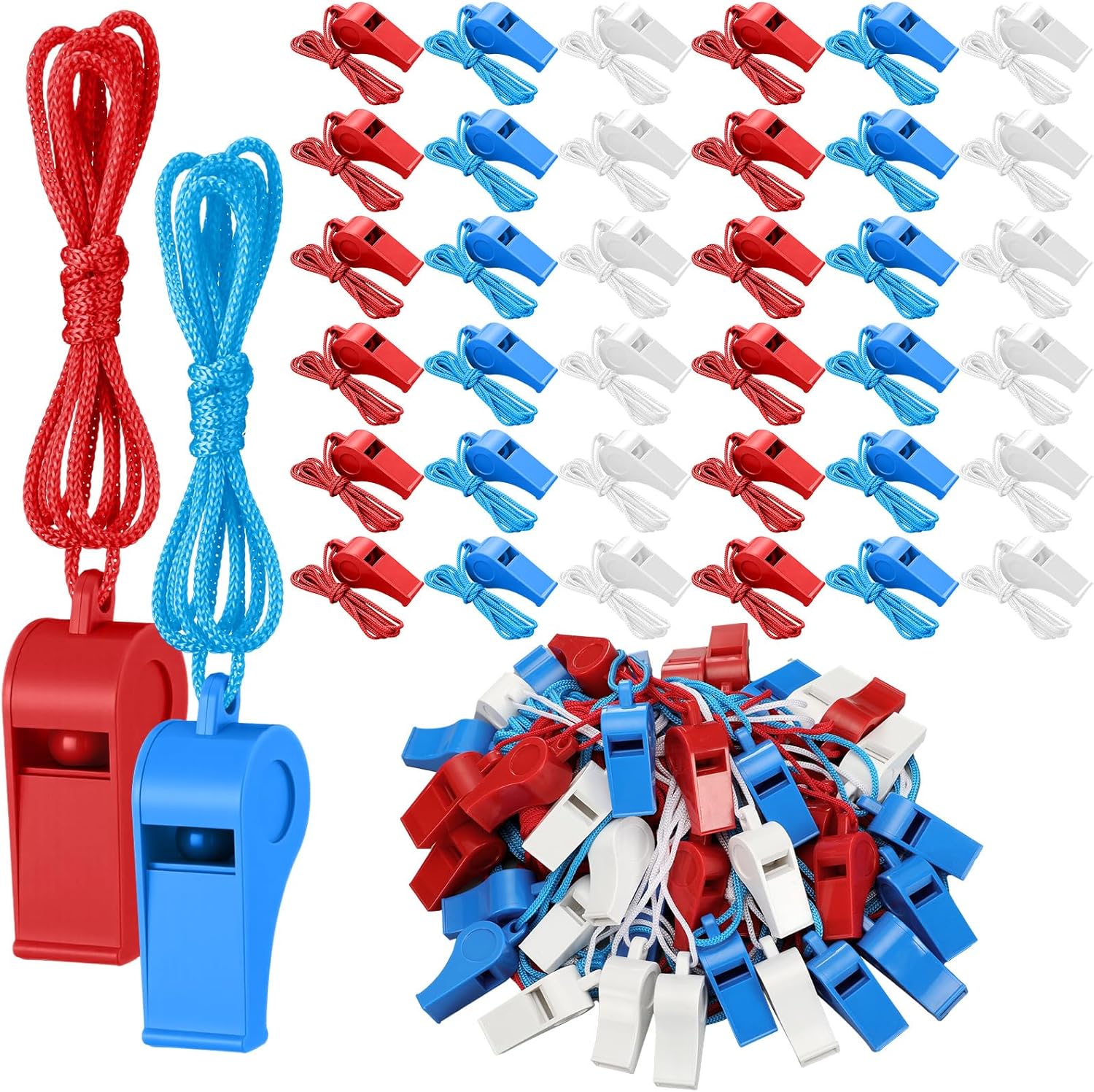 Kingdder 120 Pcs 4th of July Whistles with Lanyards American 250th Anniversary Accessories Patriotic Plastic Whistles for Independence Day Memorial Day Parade Sports Coach Referee