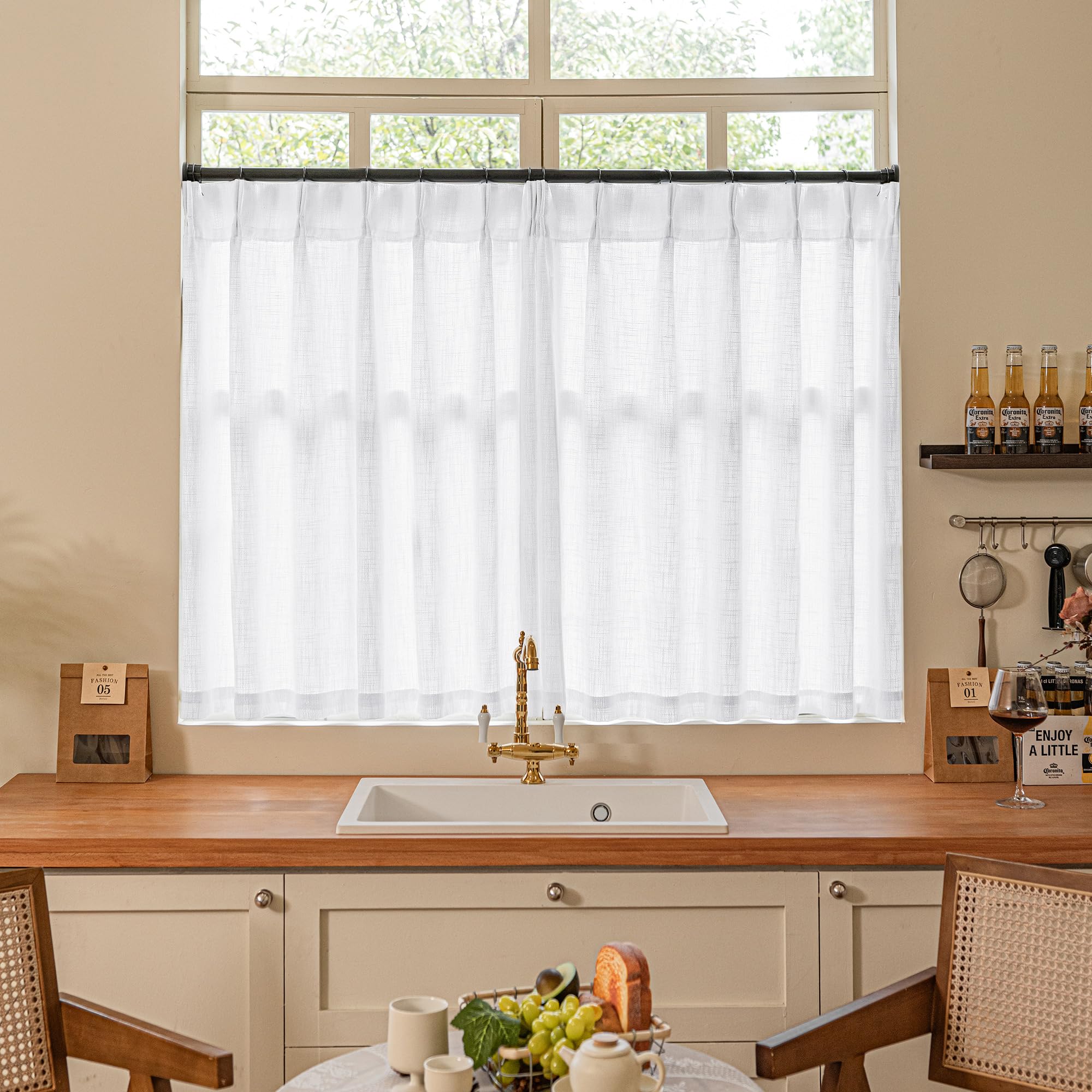 TWODRAPES Pinch Pleated White 36 Inch Length Kitchen Curtains 2 Panels Set — image 1