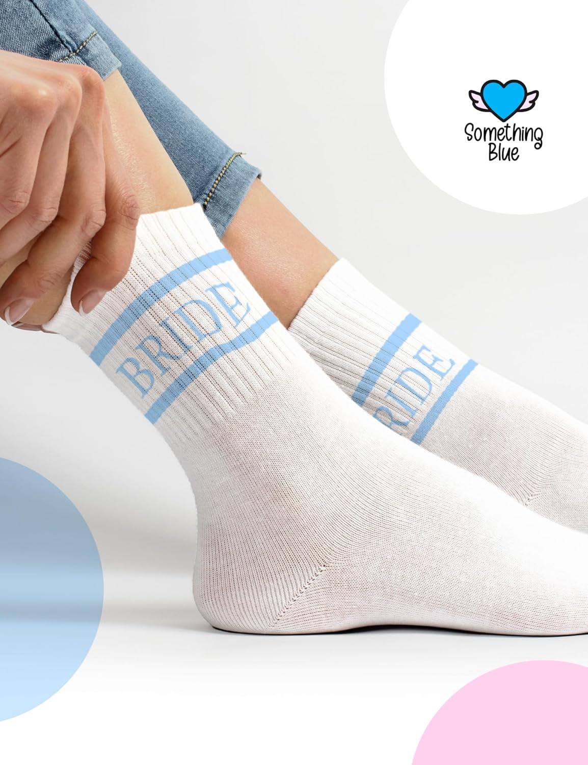 Bride Socks for Wedding Day "Something Blue" | Cute Novelty Crew Socks for Bride to Be | Bachelorette Party Gifts, Bridal Shower, Engagement Gift | White Cotton Casual Socks with Blue "BRIDE" Writing - Image 3