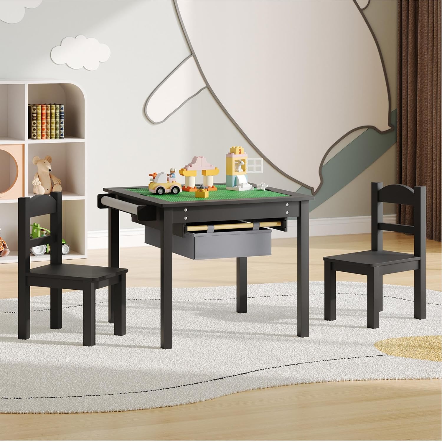 Treocho 2 in 1 Toddler Table with Reversible Tabletop, Wooden Kids Table and Chair Set with Storage Drawer, Kids Activity Table with Blocks Building Baseplate for Playing, Reading, Drawing, Black