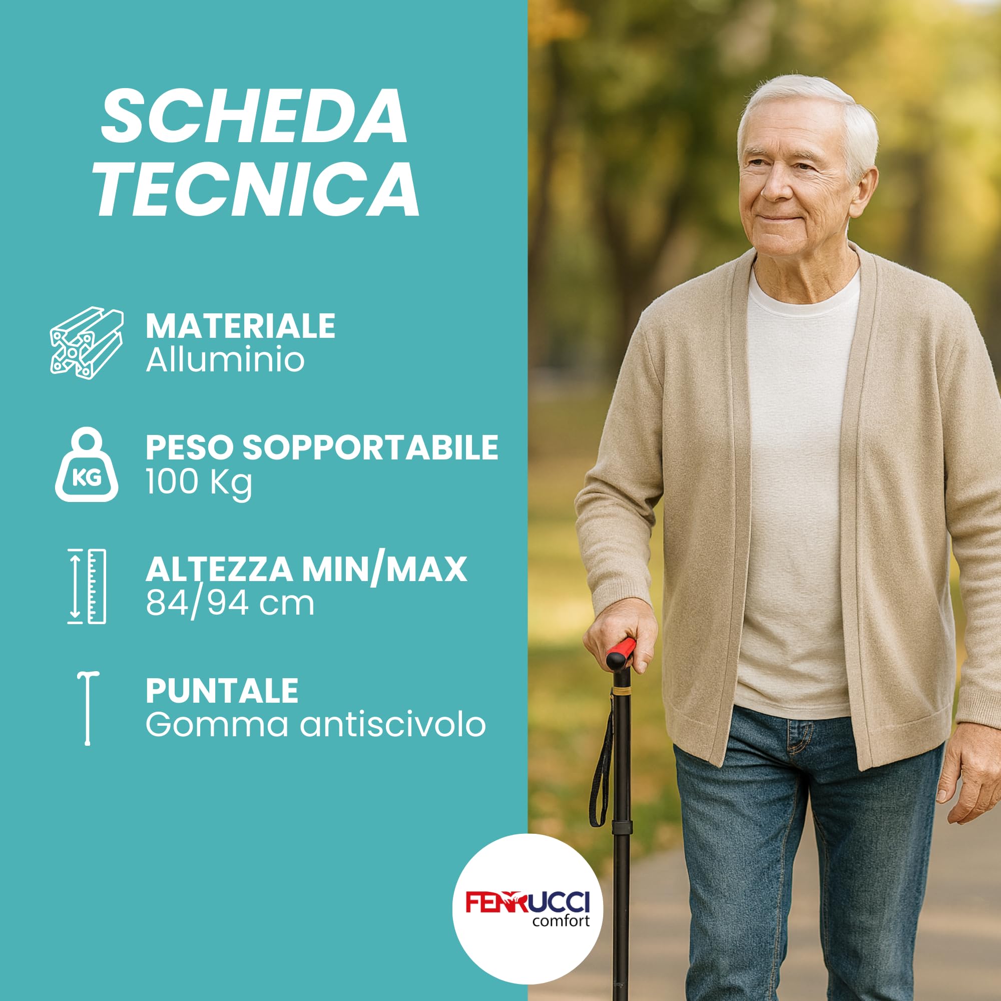 Bastone Stampella Pieghevole per Adulti e Anziani Portatile da Viaggio, Cinturino Incluso, Dimensioni da Borsa o Zaino, Manico a T, Regolabile in altezza, Puntale Antiscivolo