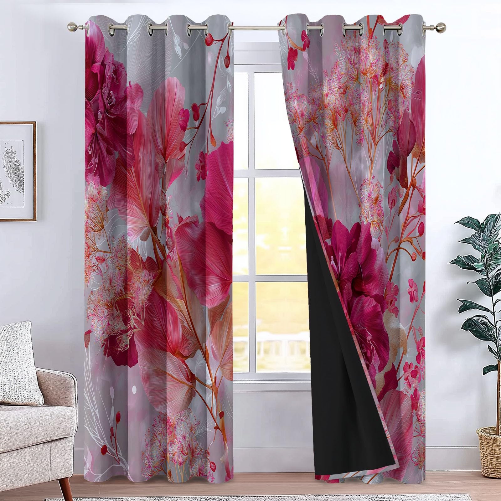 Zasłony do wnętrz nowoczesne zasłony zaciemniające zagęszczające, izolowane termicznie z oczkami 140 x 245 A, 2 sztuki dzikich kwiatów sztuka cyfrowa gałęzie, dla dziewczynek i chłopców, do sypialni