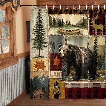 Rustic Cabin Bear Shower Curtain with Hooks, Retro Lodge Deer Plaid Lake Woods Bath Curtain, Country Wildlife Bear Moose Cabin Theme Waterproof Fabric Bathroom Decor 72X72IN
