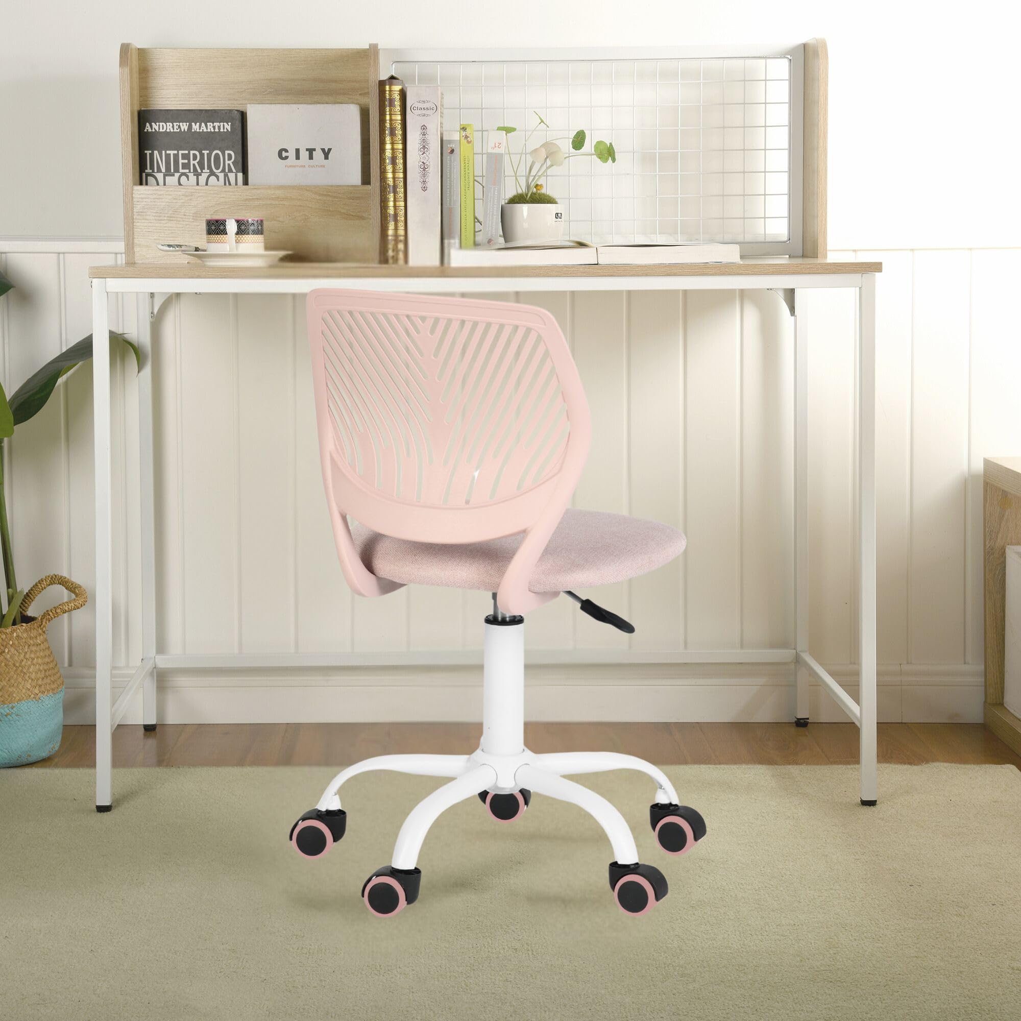 FurnitureR Teenage Office Chair, Height Adjustable Armless Task Seat, Colourful Study Chair for Home and Office, Computer Seat, Ergonomic & Swivel, 40.5 x 44 x 87cm, Morandi Pink
