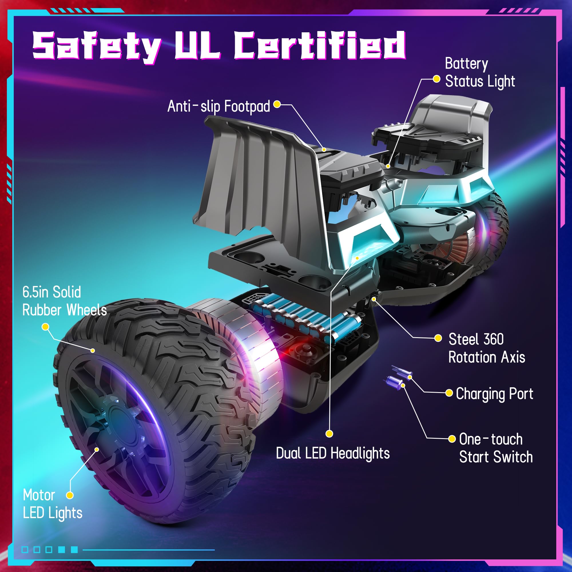 8.5 Pouces All Terrain Off Road Hoverboard Seat Attachment, Scooter with Go Kart for Kids Adults, with Corlorful LED Lights, Bluetooth