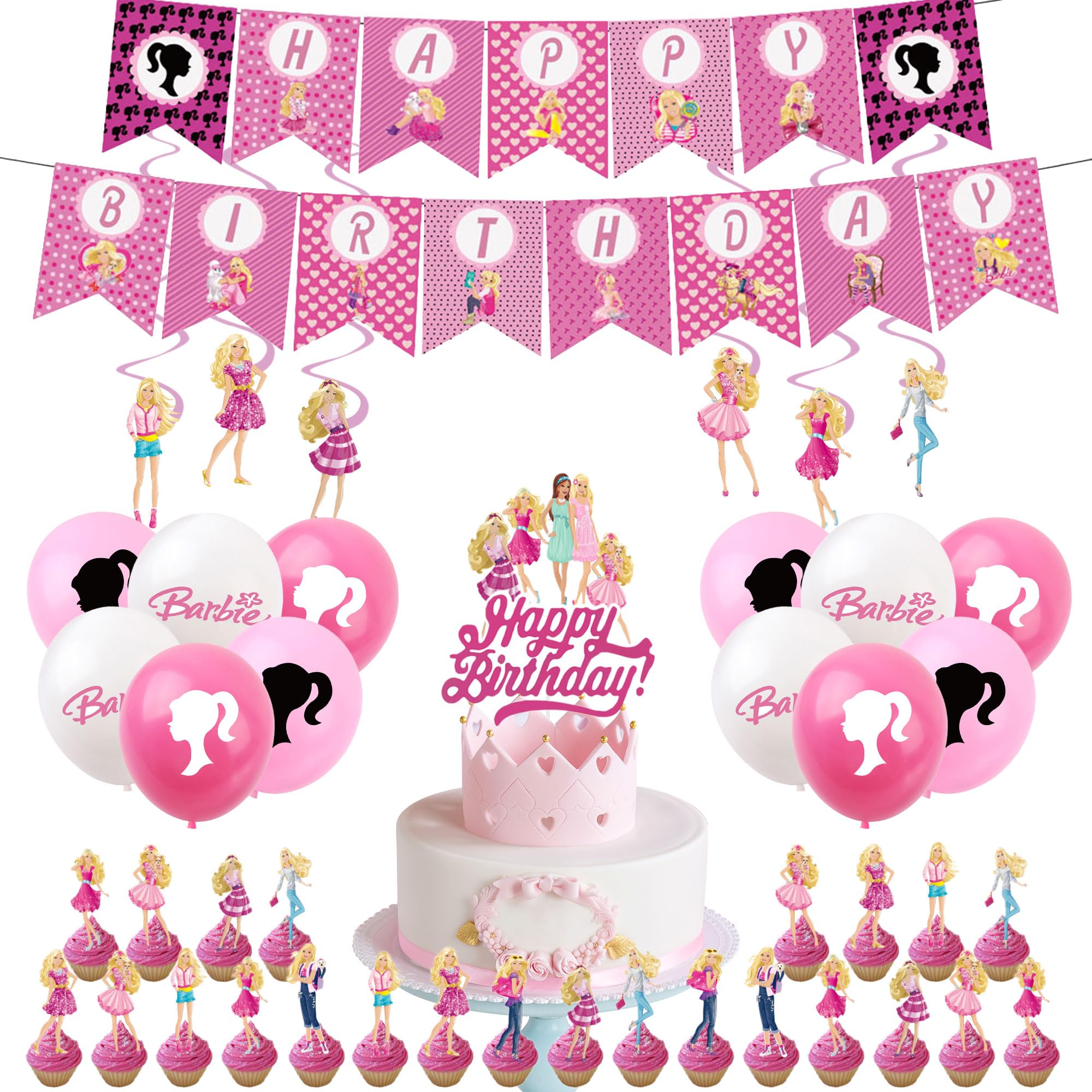44Pcs Bar-bie Girl Birthday Decorations for Girls Home Hot Pink Bar-bie Party Balloons,Happy Birthday Banner Bunting,Cake Toppers,Hanging Swirls for Kids Baby Shower Cartoon Theme Party Supplies