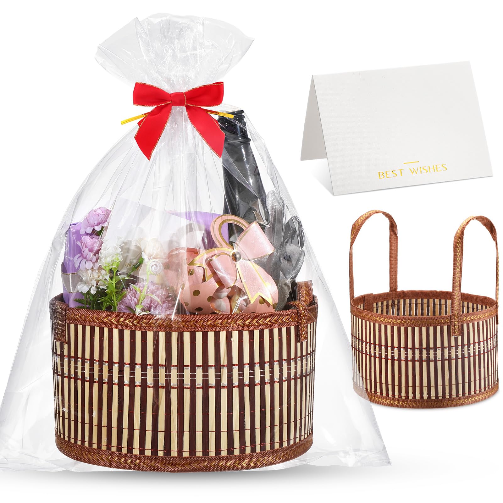 Weysat 1 set di cestini per regali vuoti, robusti e grandi cesti regalo in bambù intrecciato con manico, fiocco rosso da riempire per festa della mamma, festa di inaugurazione della casa, baby shower