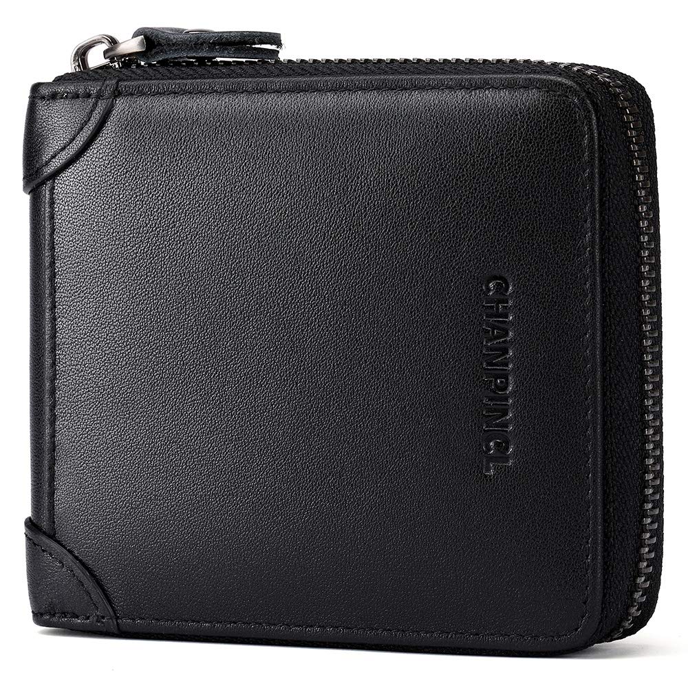 Mens Genuine Leather Zipper Wallet RFID Secure Large Capacity Double Fold Multi-card Leather Wallets for Men and coin purse