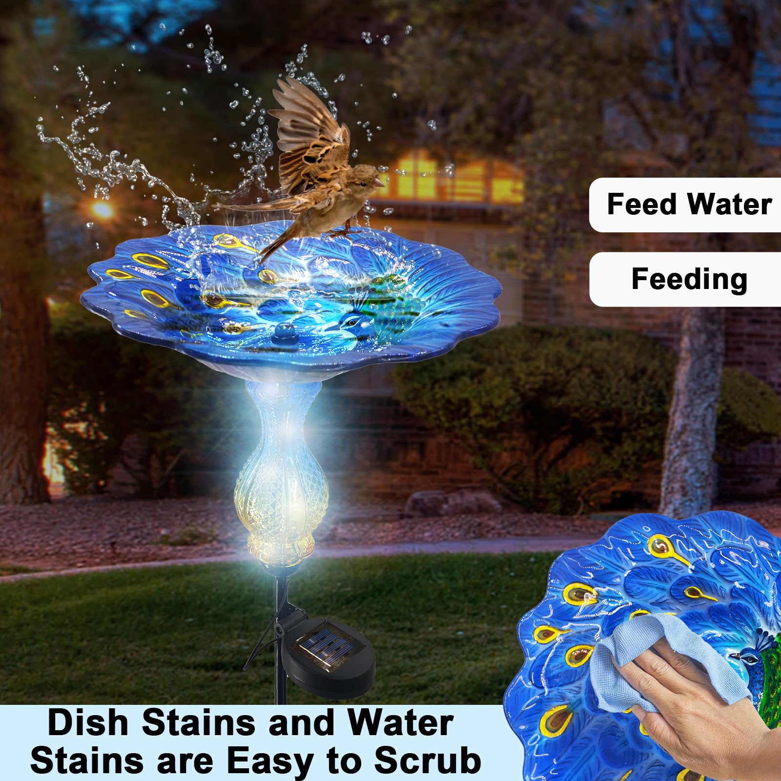 John's Studio Vogeltränke mit Pfau für den Außenbereich – Glasschale Solarlicht Vogeltränke Käfig Außenschale Vogelfutterspender mit Metallpfahl für Garten, Hof und Terrasse – Blau 81,3 cm