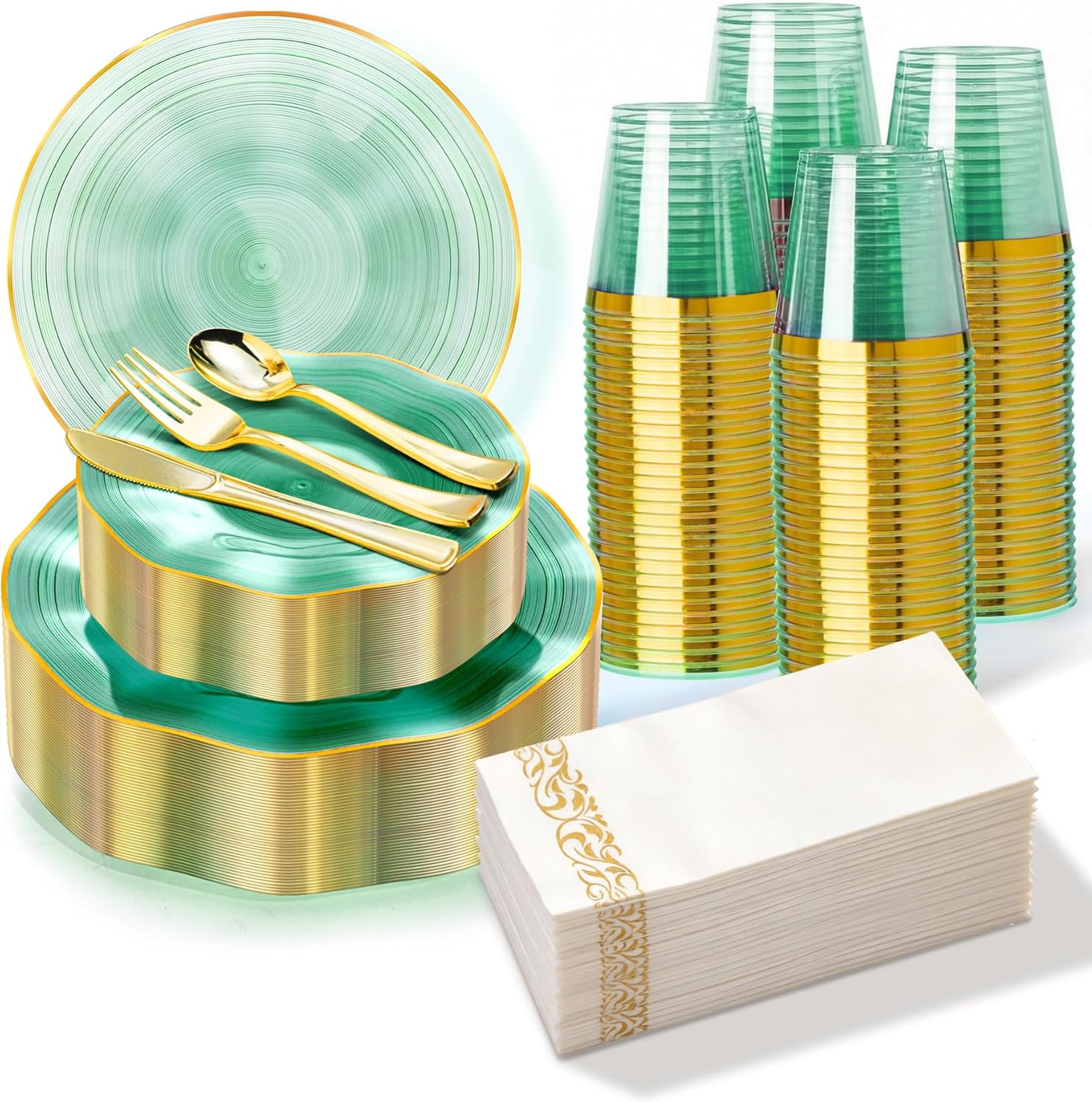 175PCS Green Plastic Plates with Gold Trim, Disposable Party Dinnerware Set for 25 Guests, Include 25 Dinner & Salad Plates, Napkins, Forks, Spoons, Knives, Cups, Perfect for Party