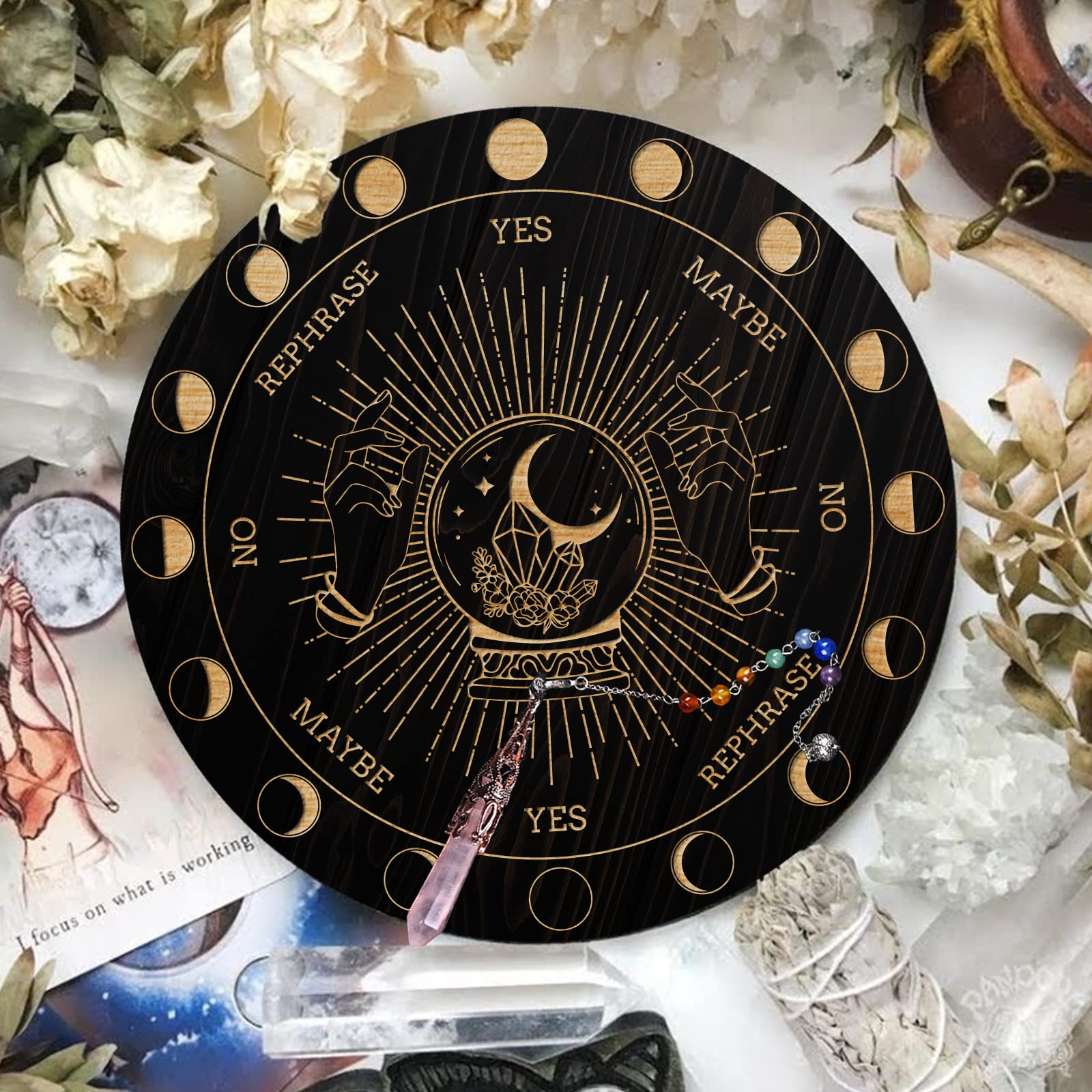 AHANDMAKER Tableau pendule de divination magique en bois sculpté avec pendule de divination en cristal pour sorcellerie, Wiccan - 19,8 cm