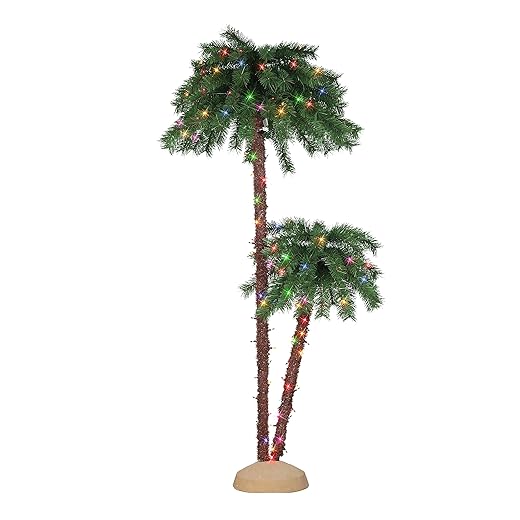 Puleo International Inc. Puleo International 105 Tips 175 3.5 6 ft Pre-Lit Multi-Color Light Double Trunk Artificial Palm Tree, 6', Green