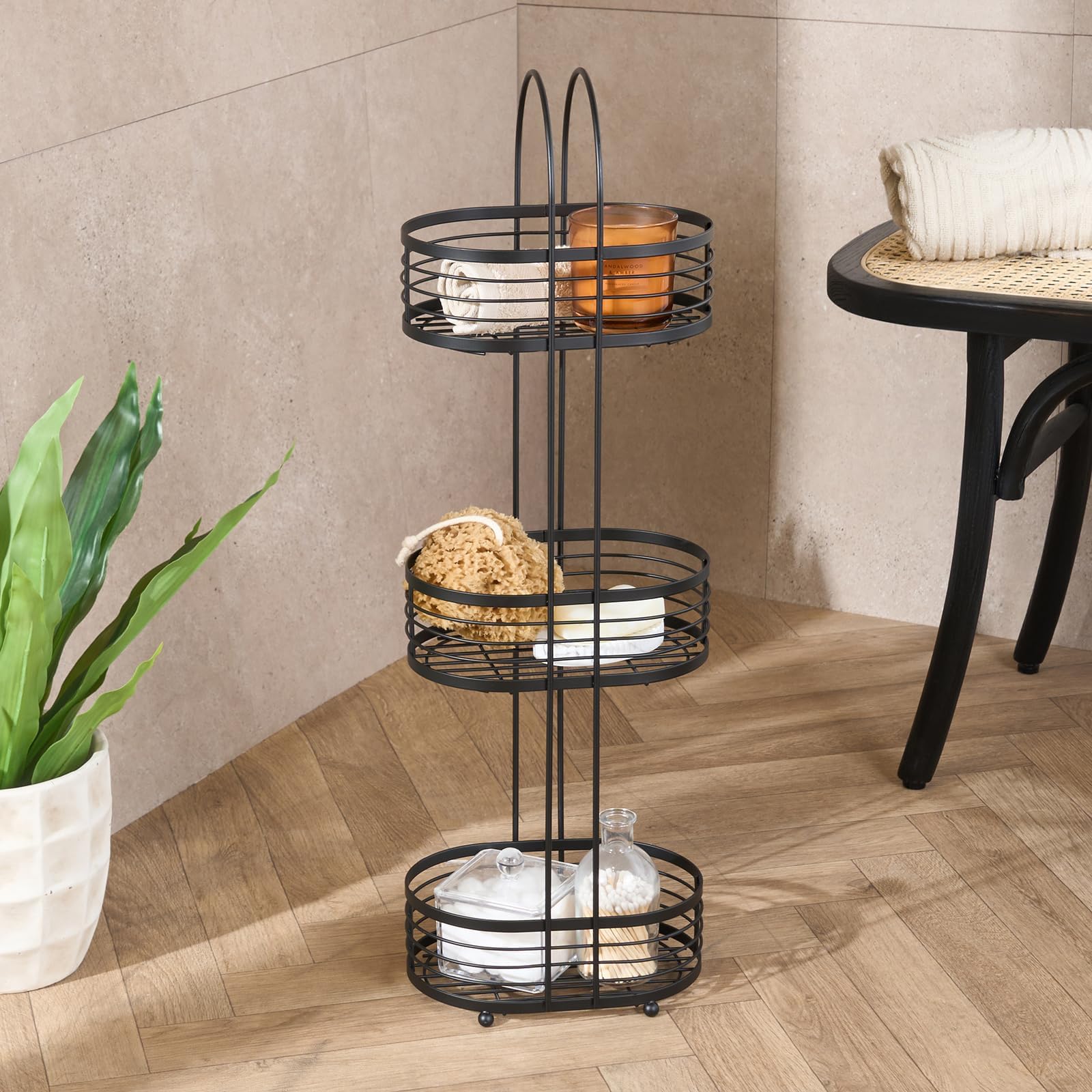 Ohs Black 3 Tier Bathroom Caddy Freestanding Shower Storage, Stainless Steel Tall Floor Shower Caddy Corner Bathroom Shelves Storage Organiser Rustproof Display Shelves,