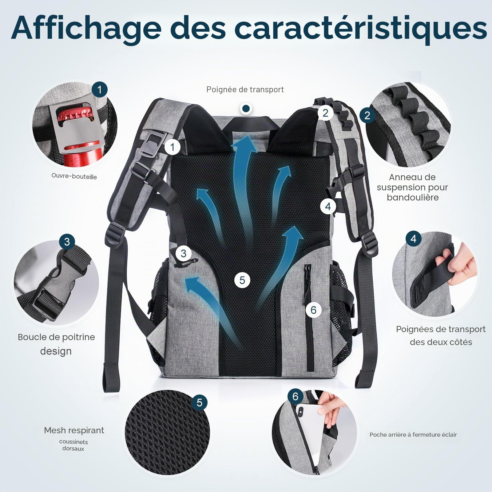 DEWUR Sac à dos isotherme de 35 l - Étanche - Avec décapsuleur - Pour pique-nique, camping, plage, randonnée, voyage, shopping - Noir et gris