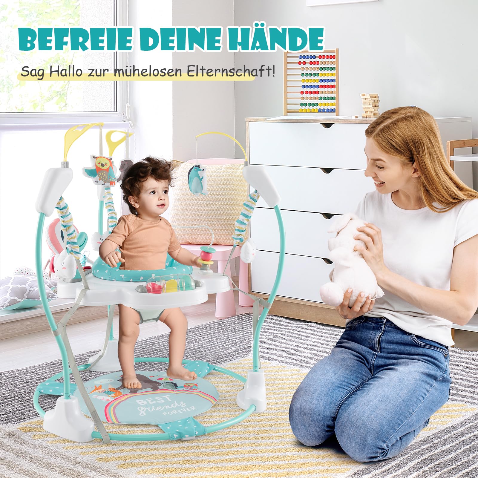 GOPLUS 3 w 1 Baby Jumperoo, centrum do skakania i zabaw z obrotowym siedziskiem o 360°, zabawka i tablet muzyczny ze światłami i dźwiękiem, siedzisko do zabawy z regulacją wysokości, dla dzieci od 6