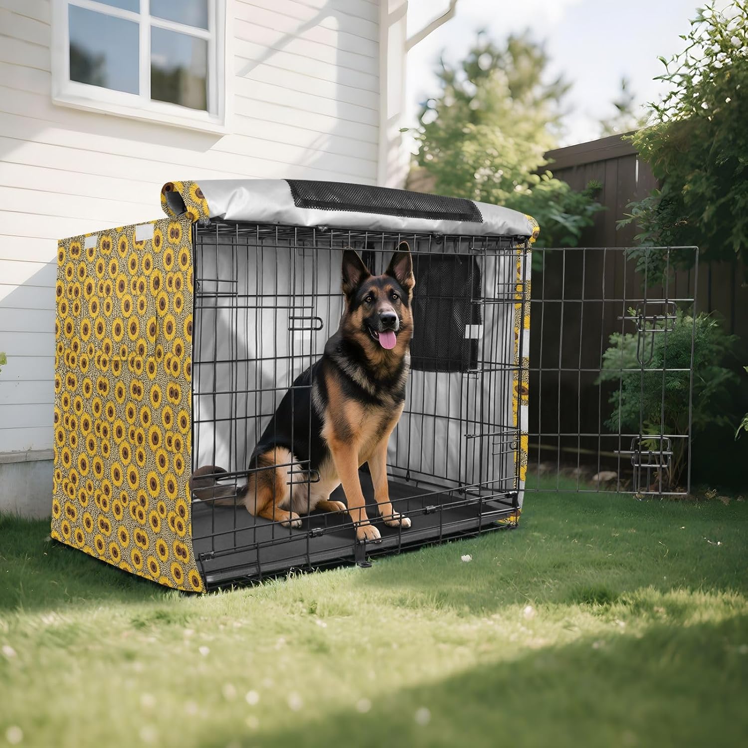 Leopard Print Sunflowers Dog Cage Covers Pets Kennel Cover Dog Crate Curtains 42 Inch