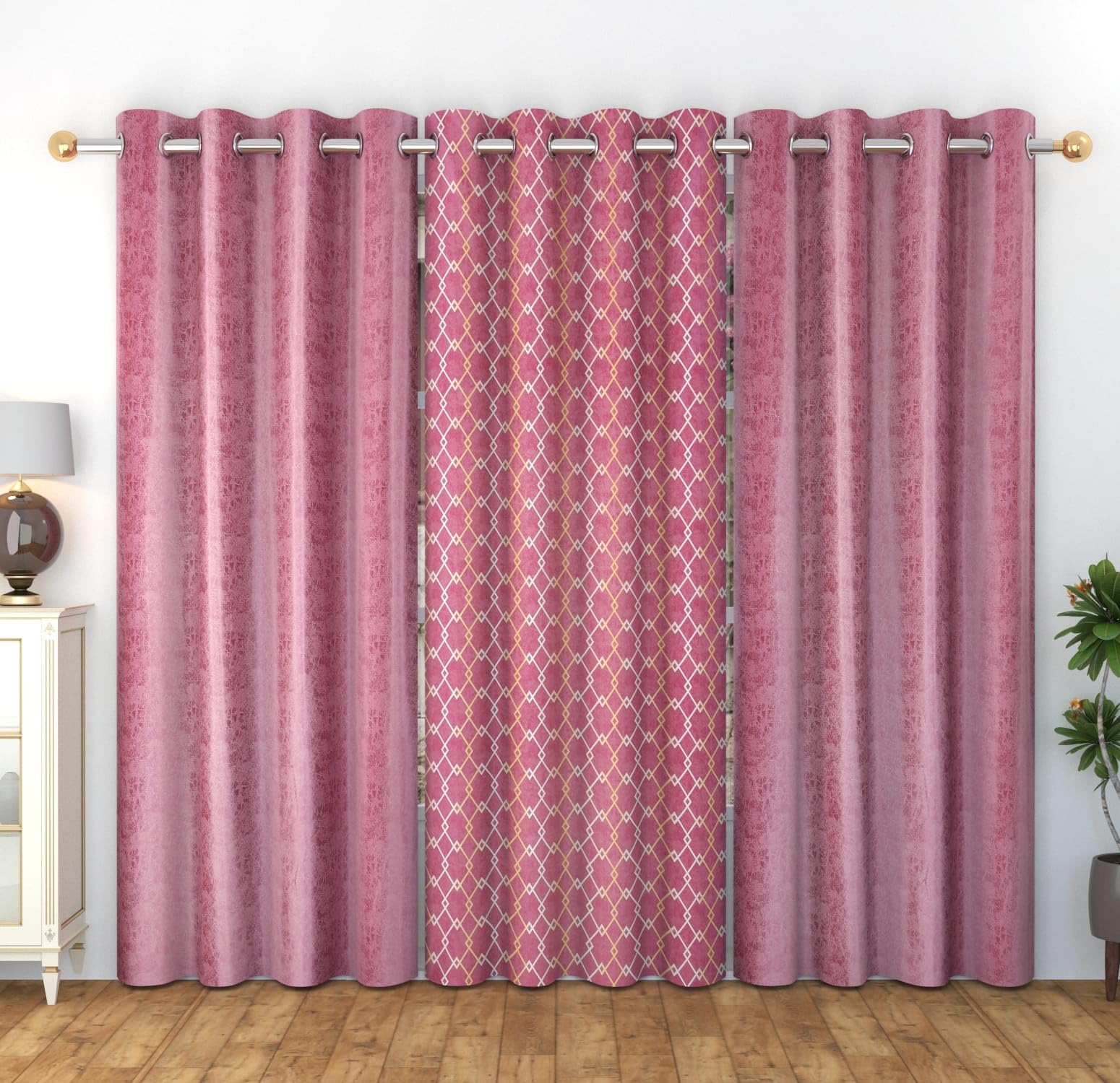 WO FLORA Window Curtains Check Design for Drawing Room/Living Room/Hall Room Parde for Door, Pink Color 5 Feet 3 Pcs Set Curtains