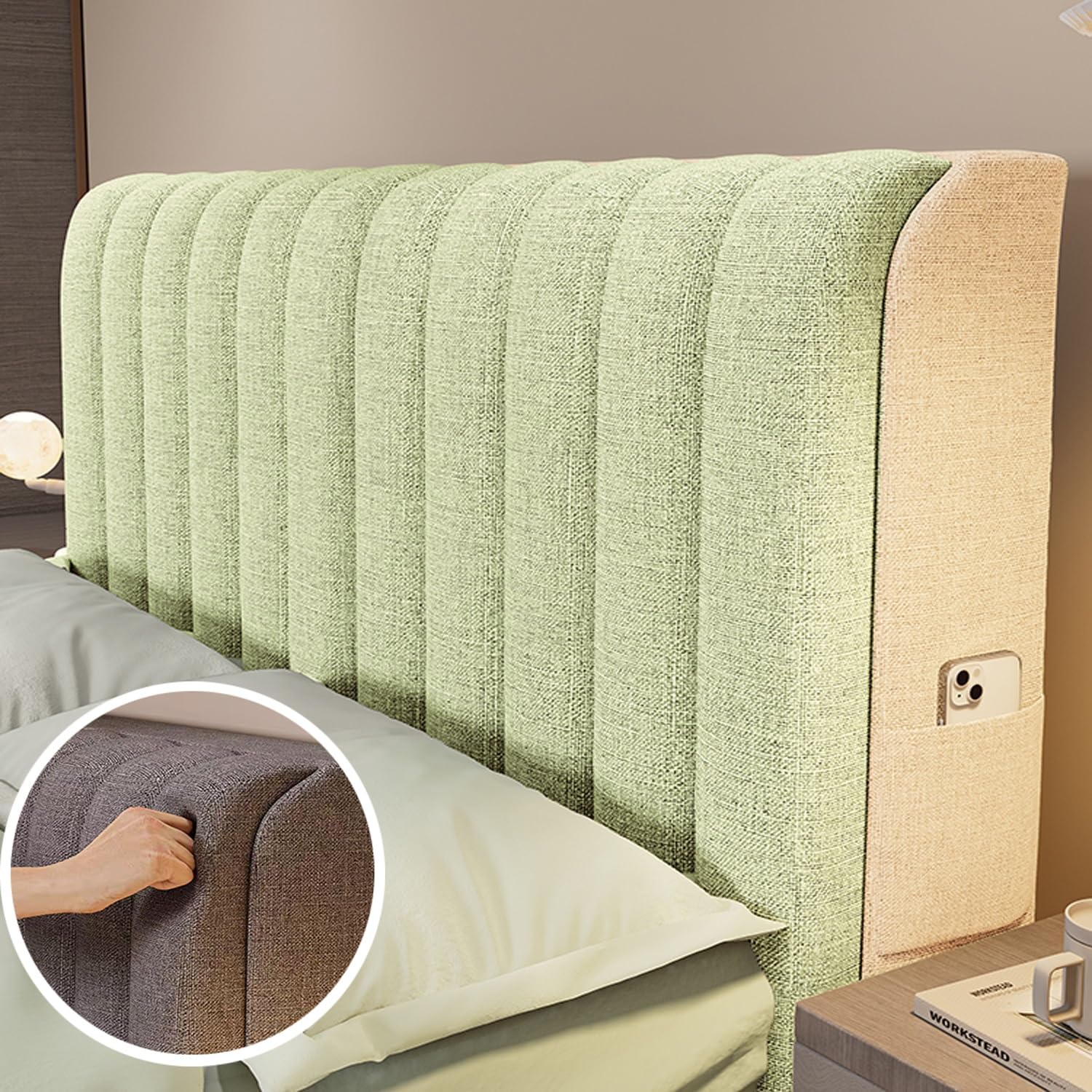Housse de tête de lit extensible 190cm protection coton lin lit double vert
