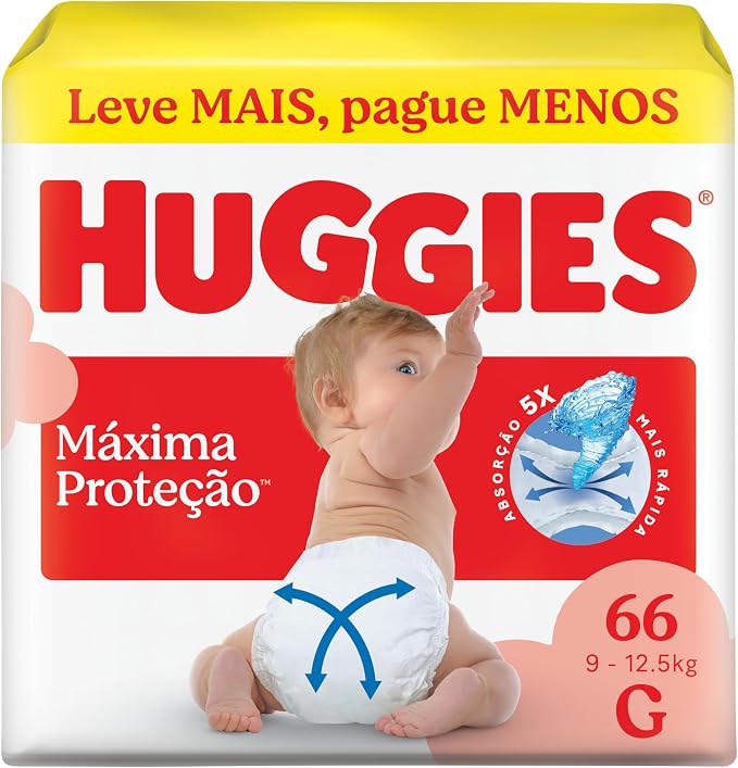 Fralda Descartável Huggies Máxima Proteção, Tamanho G, 66 Unidades