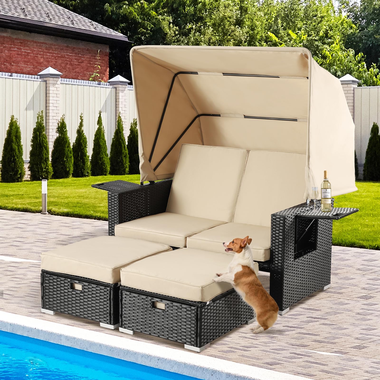 LEISU Outdoor Patio Furniture Sunbed with Retractable Canopy, PE Wicker Rattan Rectangle Sectional Sofa Set Clamshell Sectional Seating with Washable Cushions for Lawn Garden Backyard Poolside (Khaki)