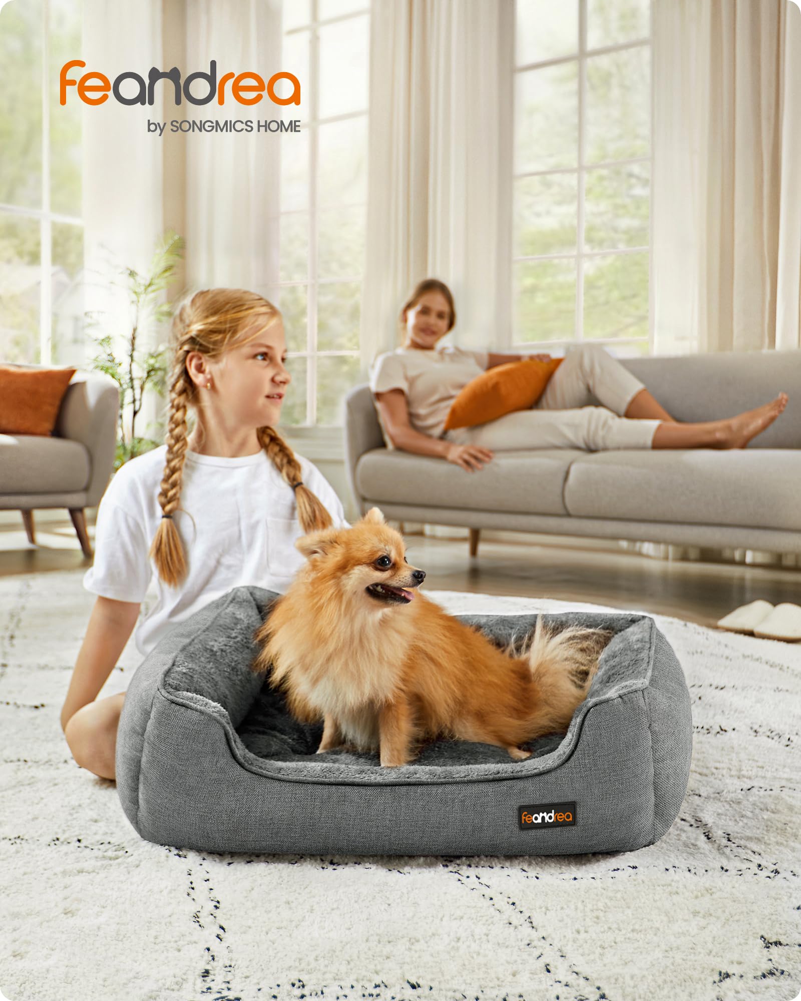 Feandrea Hundebett, Hundekissen in Leinenoptik, Hundekorb, erhöhte Ränder, rutschfeste Unterseite, Bezug abnehmbar waschbar, M, für kleine Hunde, 70 x 55 x 21 cm, hellgrau PGW10GG